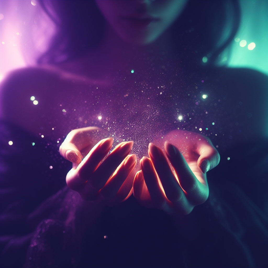 Two Naturally Wicked Hands Reaching Forwards & Expelling A Magical Aura Of Fairy Dust Under Purple & Green Light