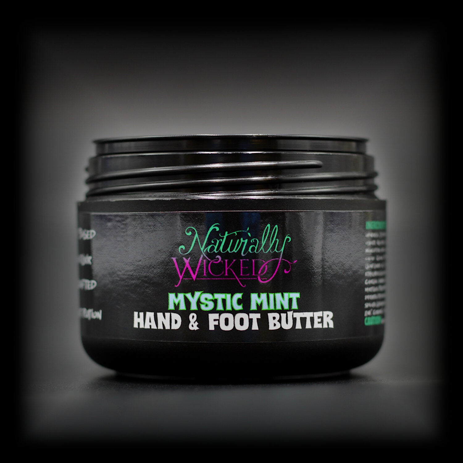 Naturally Wicked Mystic Mint Hand & Foot Butter With Lid Removed Exposing Inner Luxury Container Seal