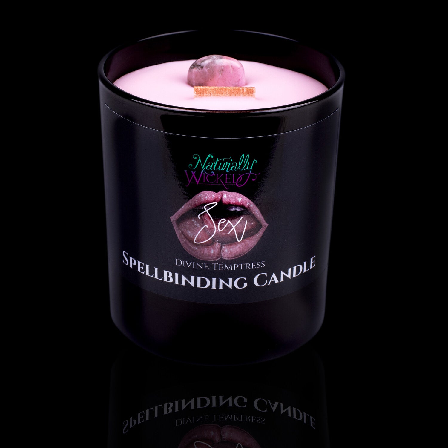 The Sexiest Gift On Earth. Naturally Wicked Spellbinding Sex Crystal Candle Entombed In Pink Plant-Based Wax With Crackling Wood Wick & Rhodonite Crystal