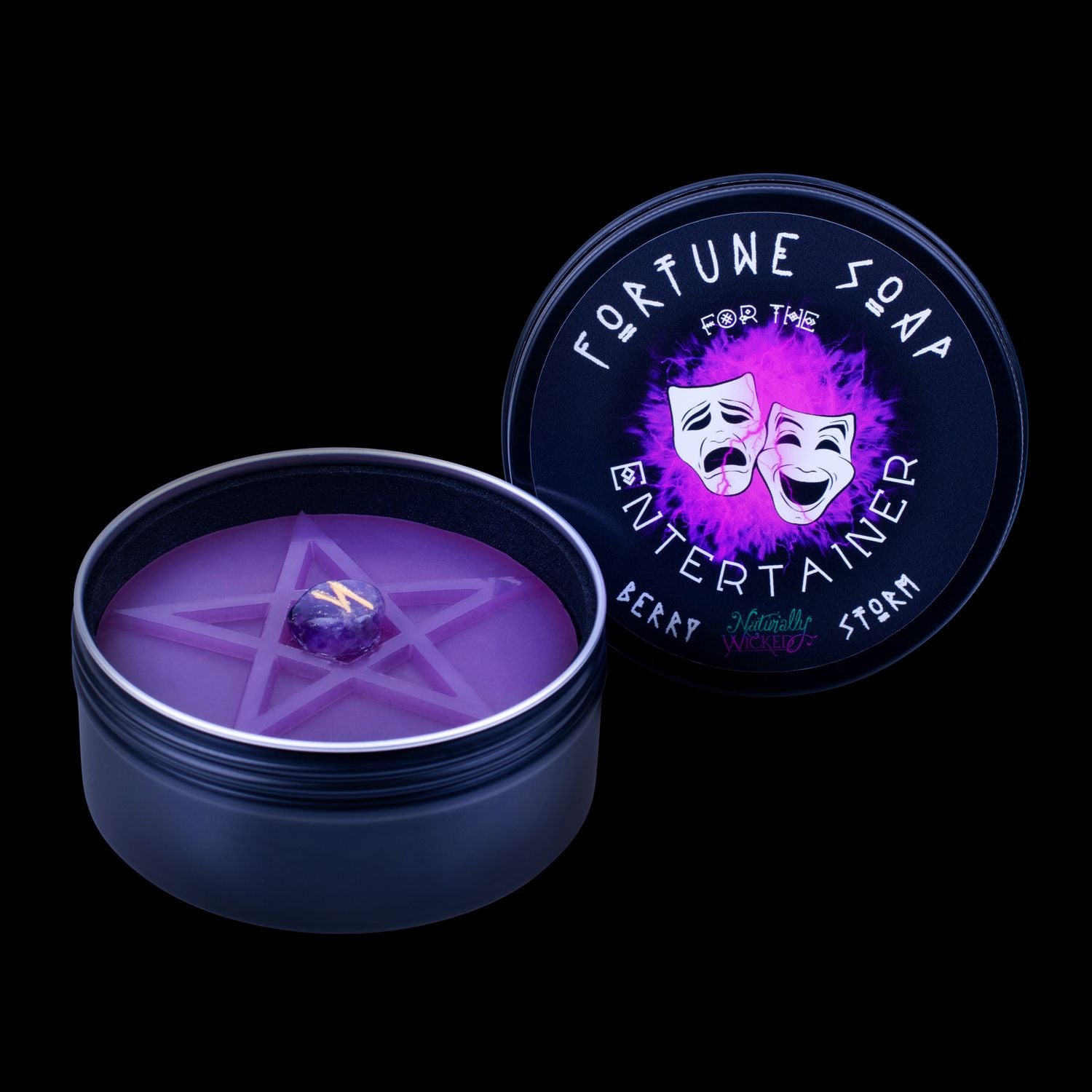 Naturally Wicked Fortune Soap For The Entertainer, Purple Plant-based Soap, Amethyst Crystal, Berry Storm Scent & Black Gloss Gift Tin Included.