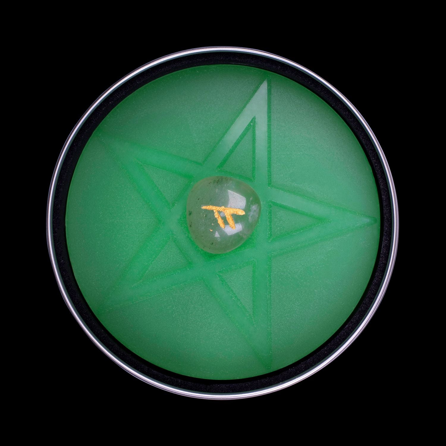 Inside View Of Green Plant-based Soap Featuring Spell Casting Pentagon & Aventurine Crystal Rune. Naturally Wicked Fortune Soap For The Explorer Scented With Jungle Juice
