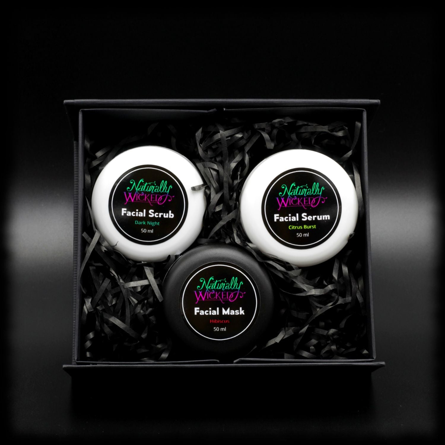 Naturally Wicked Original 3 Step Facial Kit With Dark Night Facial Scrub, Hibiscus Facial Mask & Citrus Burst Facial Serum In Gift Packaged Black Box