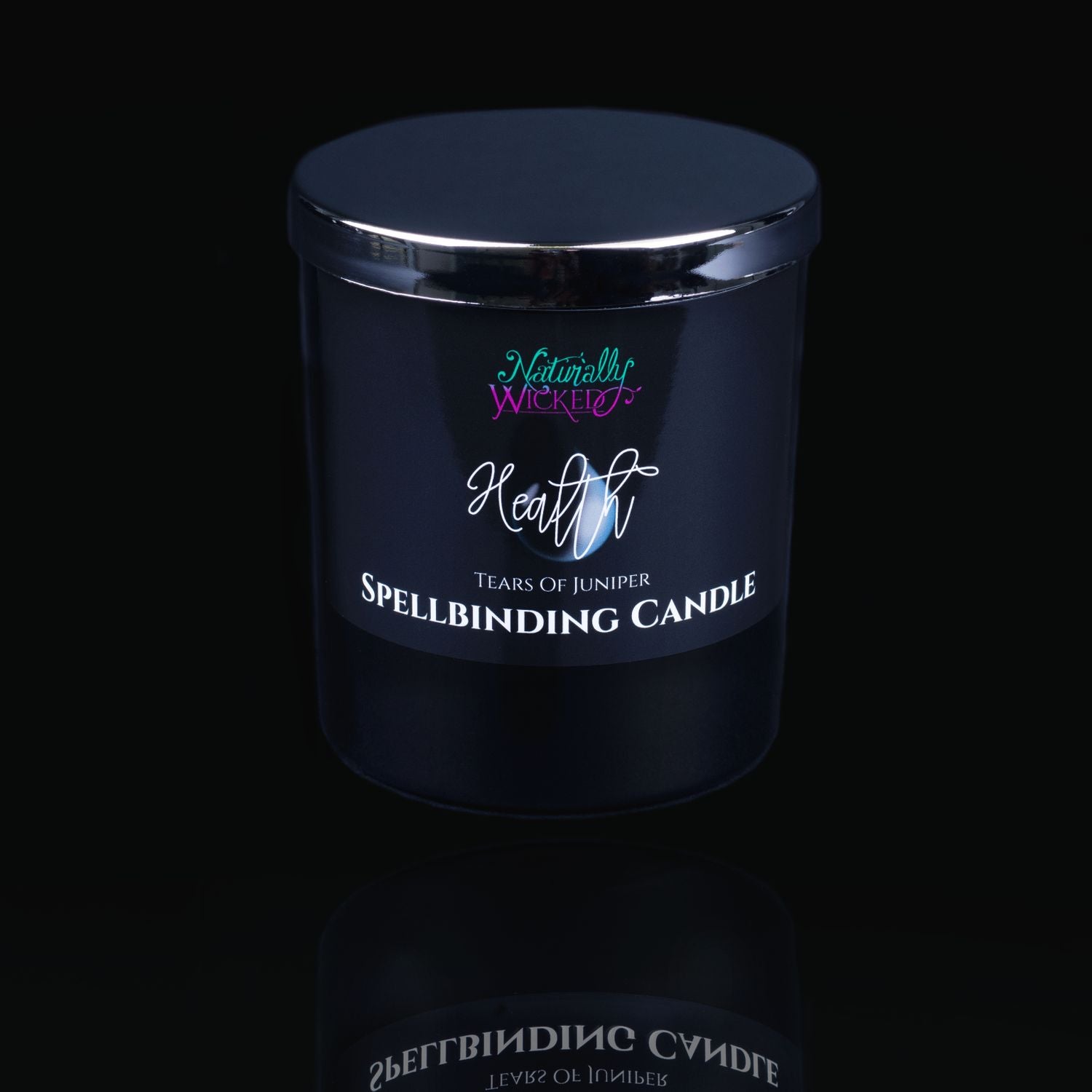 Naturally Wicked Spellbinding Health Spell Candle With Mirror Finished Exquisite Lid In Place. Featuring A Black Gloss Label And A Blue Water Tear Design. A Truly Classy Gift