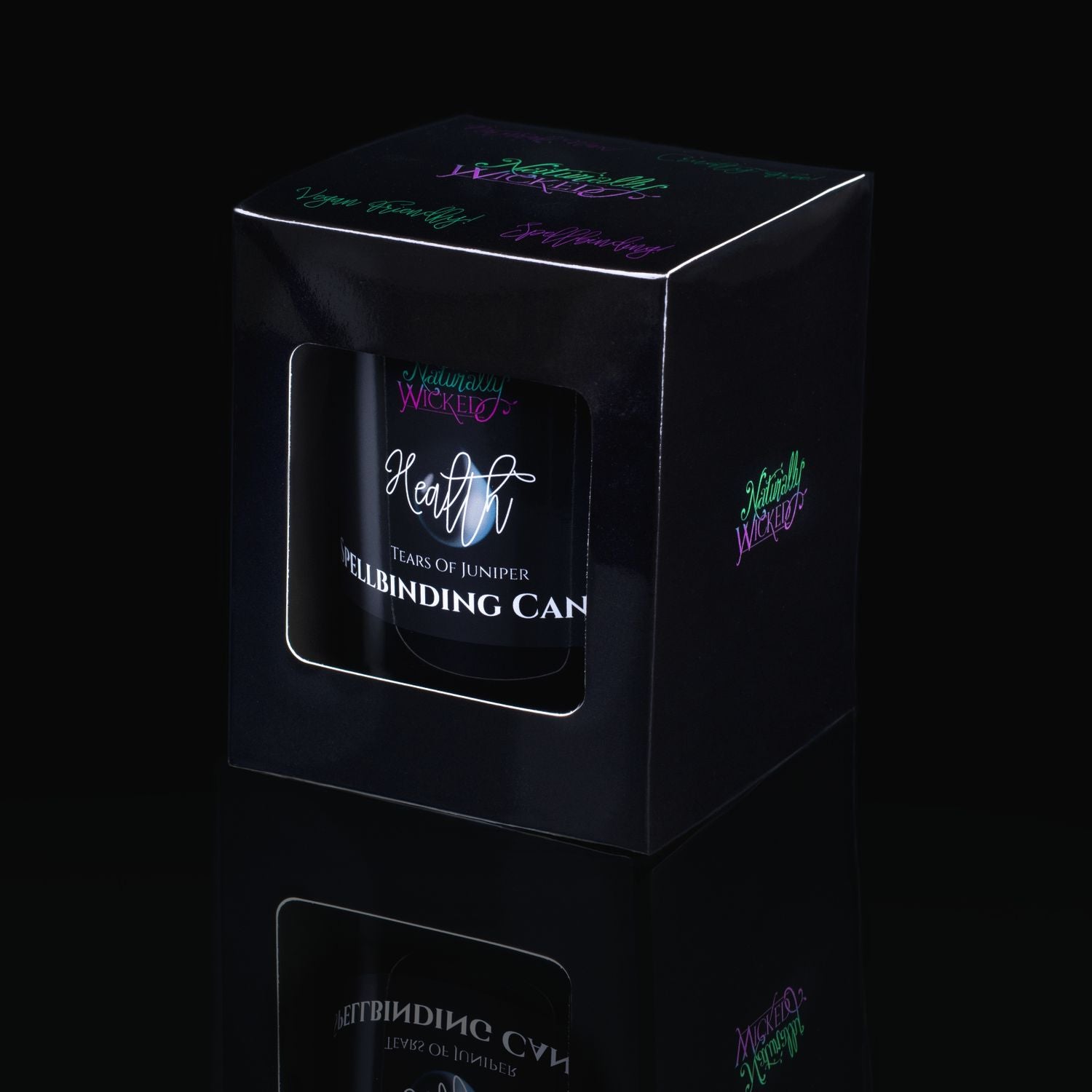 The Perfect Spell Candle And Unique Gift. Naturally Wicked Spellbinding Health Candle Displayed In A Sleek Black Gloss Gift Box. The Candle Features Plant-Based Smooth Blue Wax, A Wood Wick And A Beautiful Teal Banded Agate Crystal.