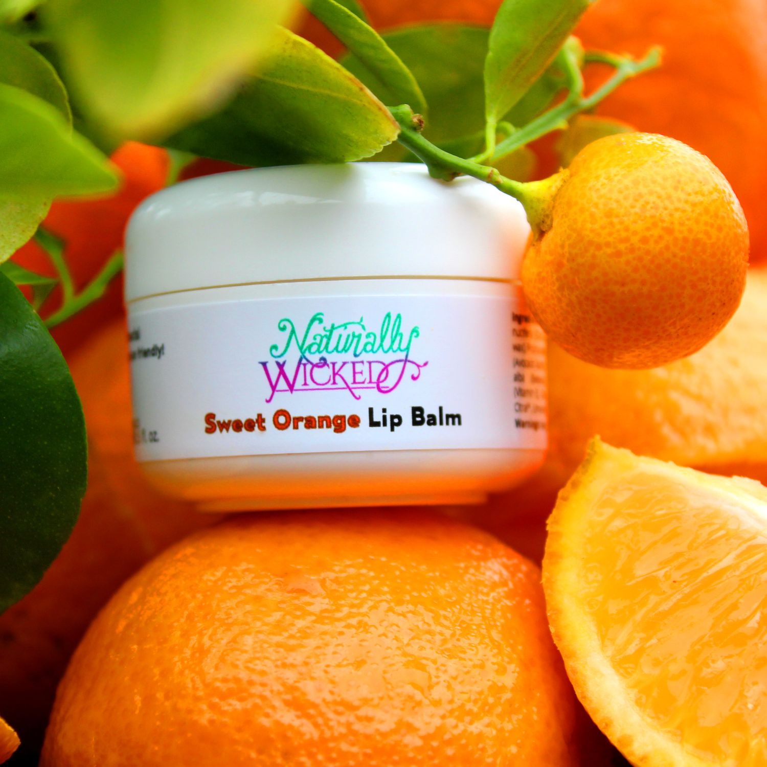 Naturally Wicked Sweet Orange Lip Balm Surrounded By Oranges & Orange Tree With Green Leaves