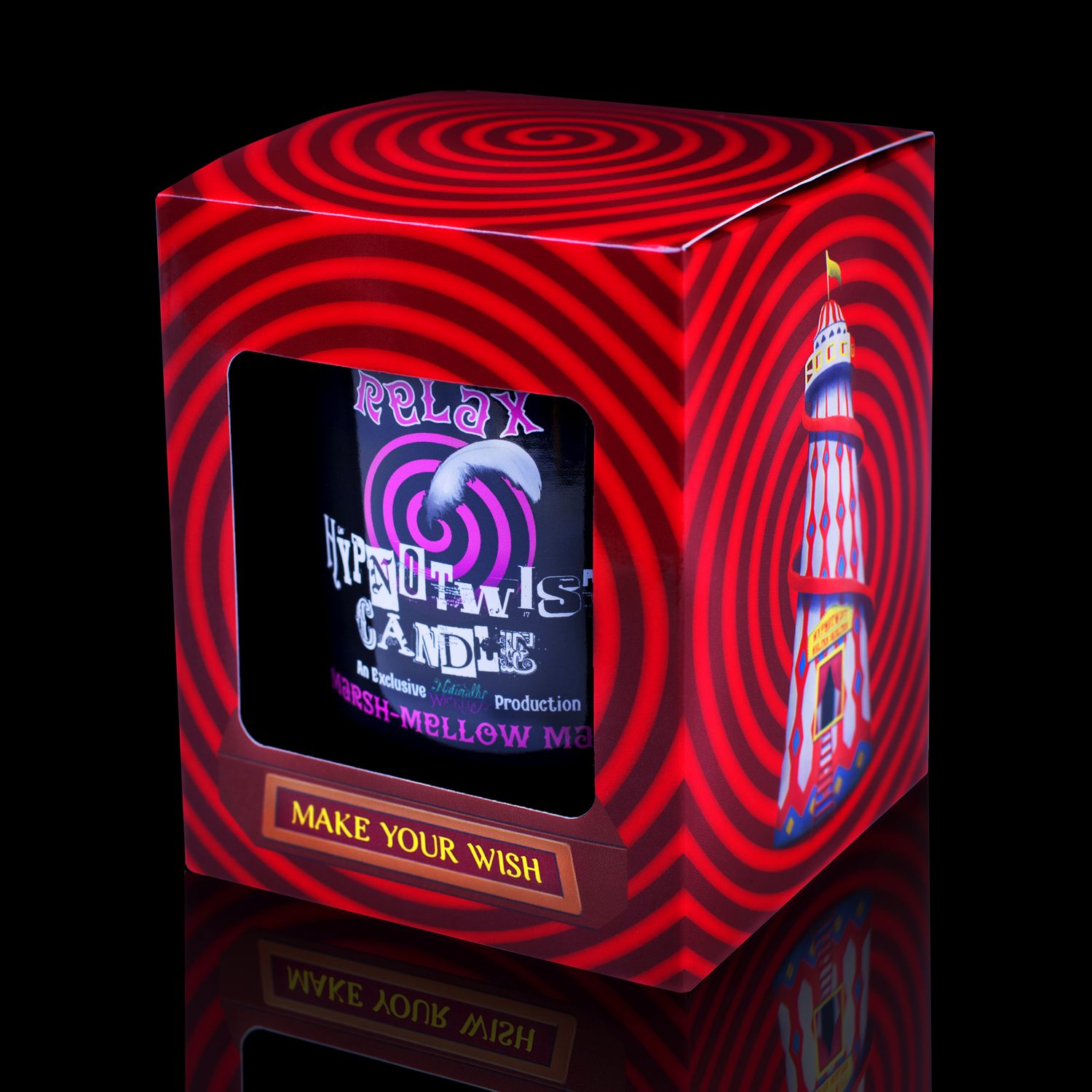 Side View Of The Naturally Wicked Hypnotwist Relax Candle, Plant-based Soy Pink Wax Scented With Marsh-Mellow Magic, Including A Rose Quartz Crystal Spinning Top, Mirrored Lid & Red Circus Hypnotic Gift Box