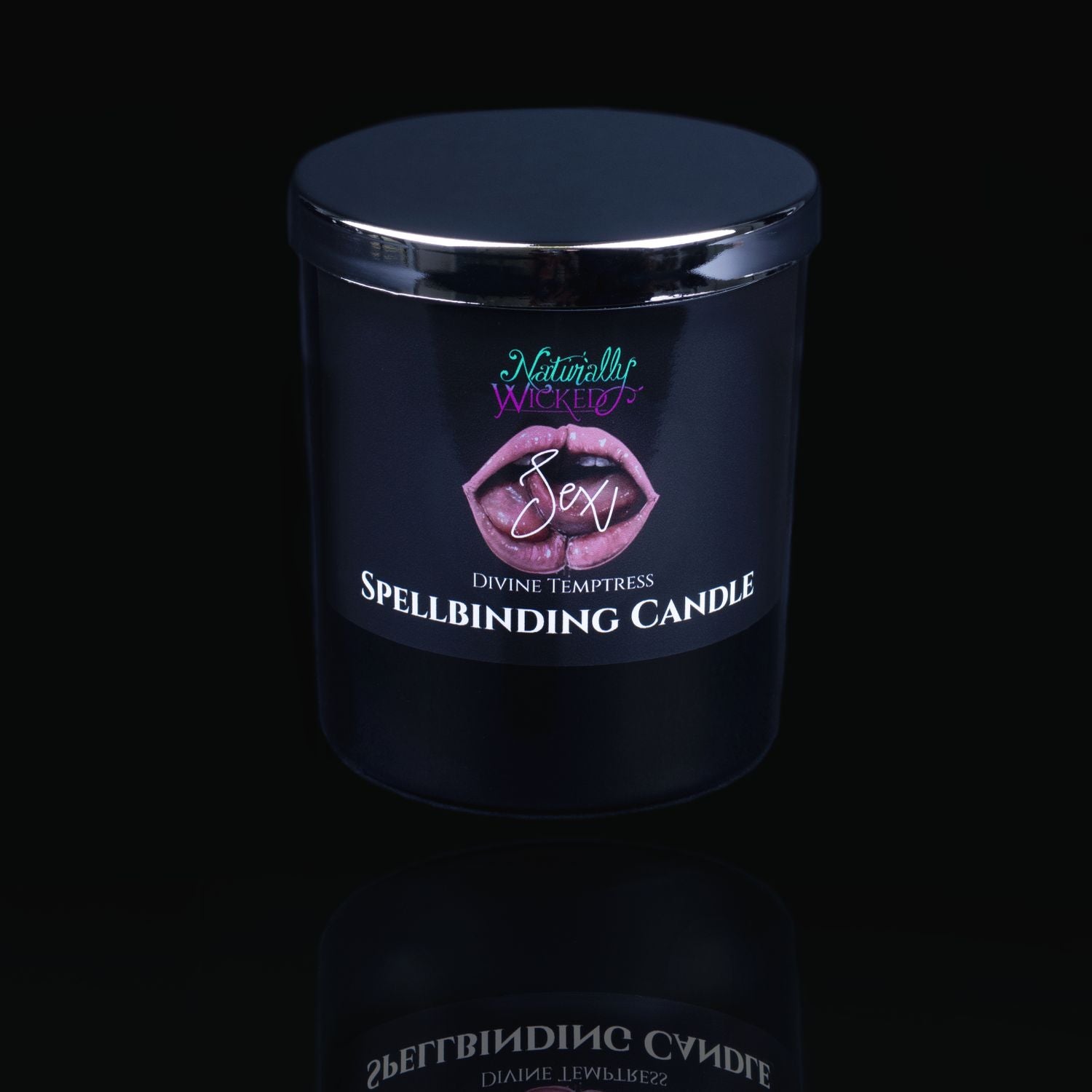 Naturally Wicked Spellbinding Sex Spell Candle With Mirror Finished Exquisite Lid In Place. Featuring A Black Gloss Label And A Pair Of Luscious Lips Kissing Seductively