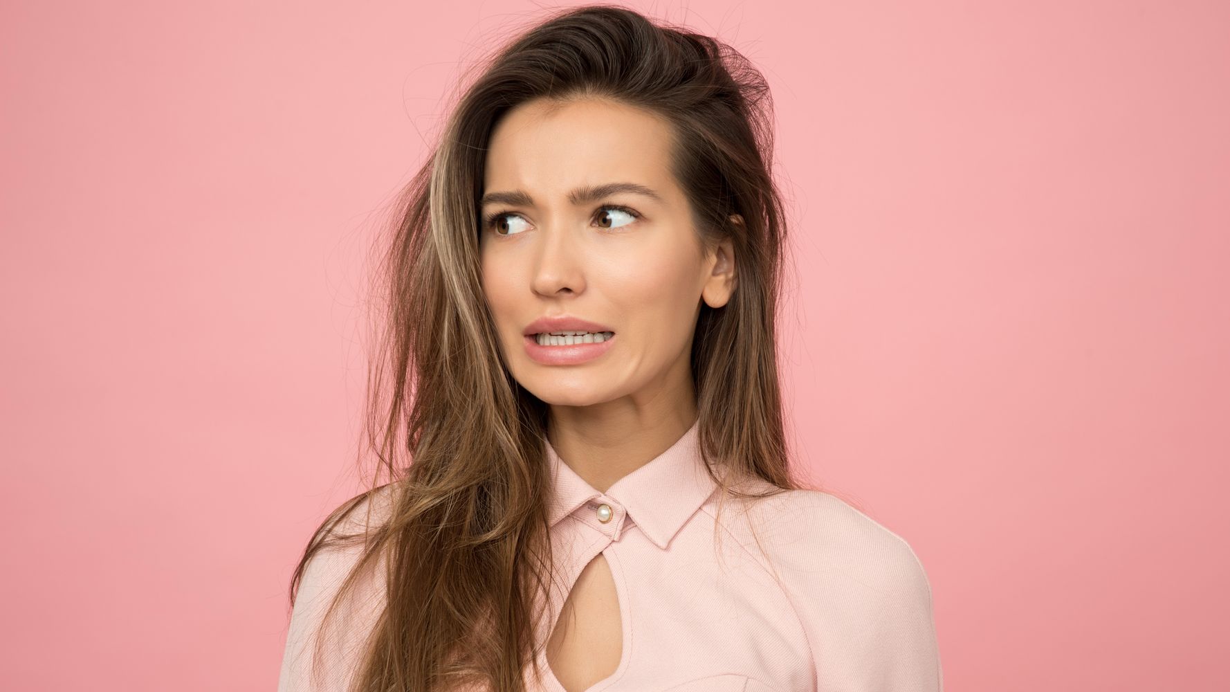Beautiful Adult Woman Looking Confused Pink Background