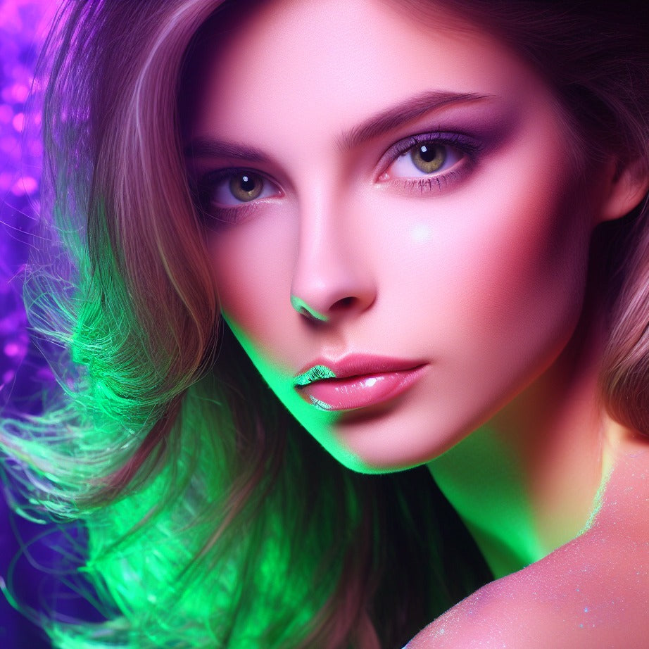 Beautiful, Naturally Wicked Woman's Face Looking Outward Under The Focus Of Green & Purple Wicked Light