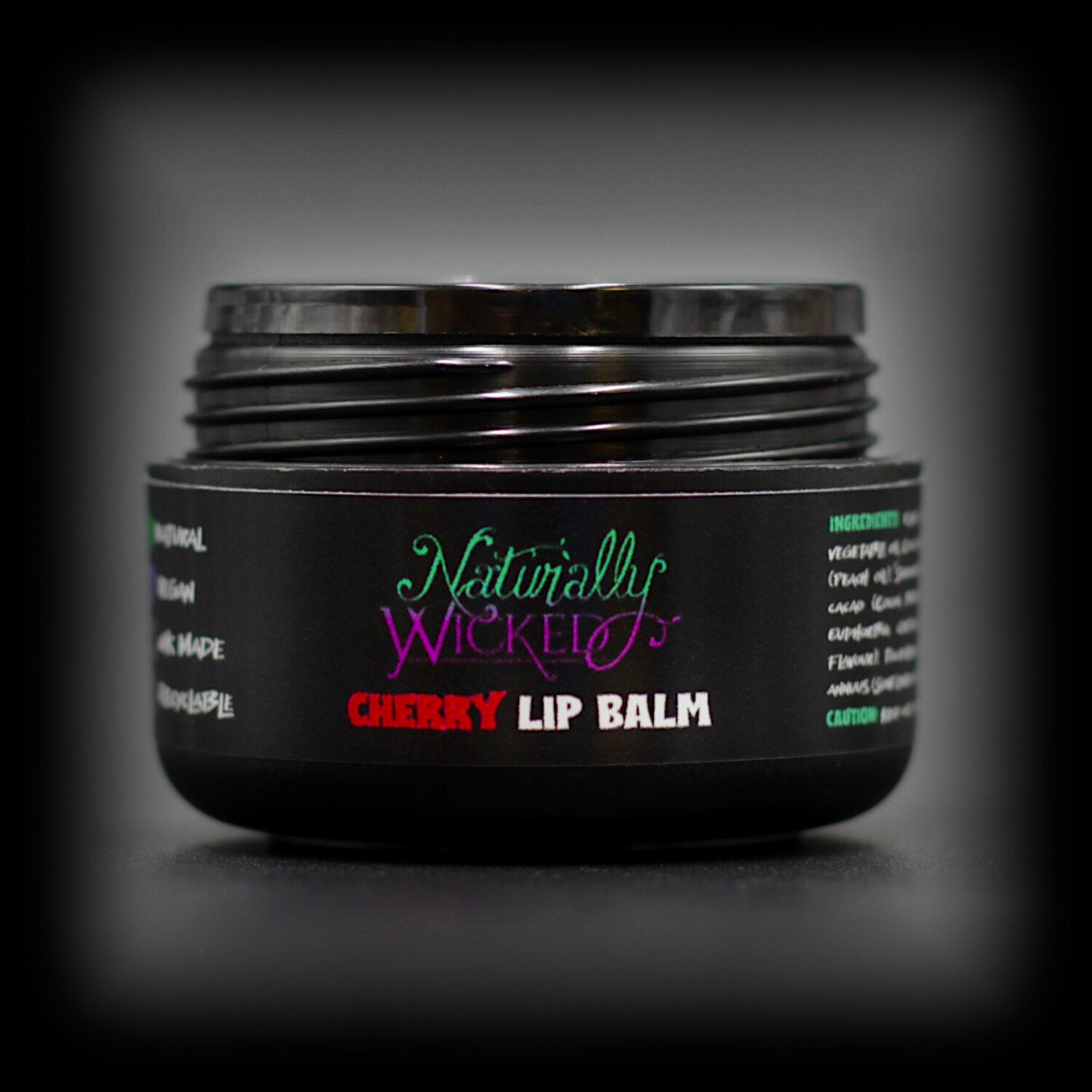 Naturally Wicked Cherry Lip Balm With Lid Removed & Luxury Inner Seal Exposed