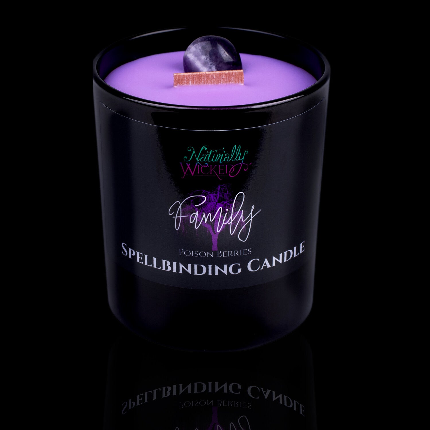 A Unique Family Gift. Naturally Wicked Spellbinding Family Crystal Candle Entombed In Purple Plant-Based Wax With Crackling Wood Wick & Agate Crystal