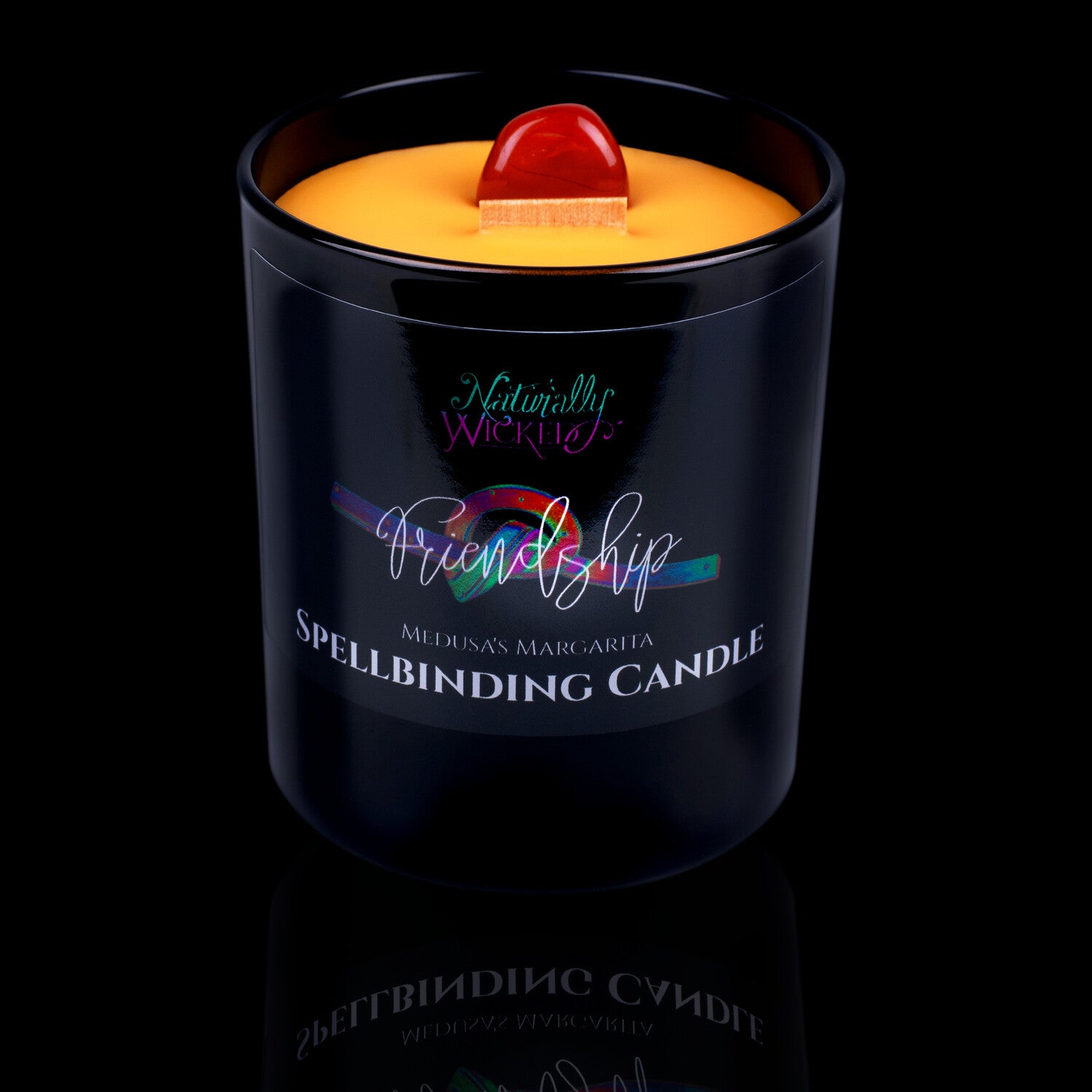Naturally Wicked Spellbinding Friendship Crystal Candle Entombed In Orange Plant-Based Wax With Crackling Wood Wick & Red Jasper Crystal. Friendship Is The Greatest Gift