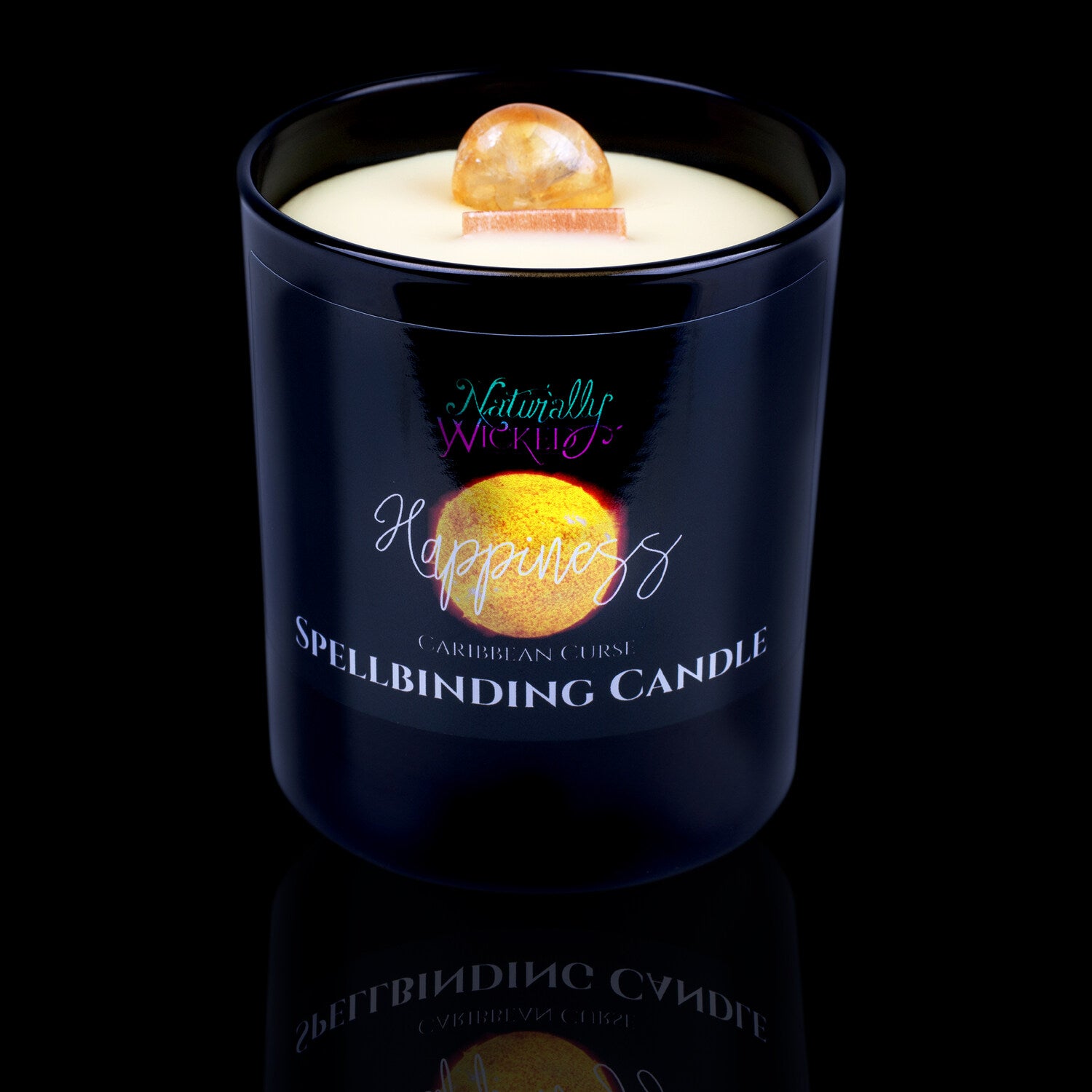Naturally Wicked Spellbinding Happiness Crystal Candle Entombed In Yellow Plant-Based Wax With Crackling Wood Wick & Citrine Crystal. Give The Gift Of Happiness