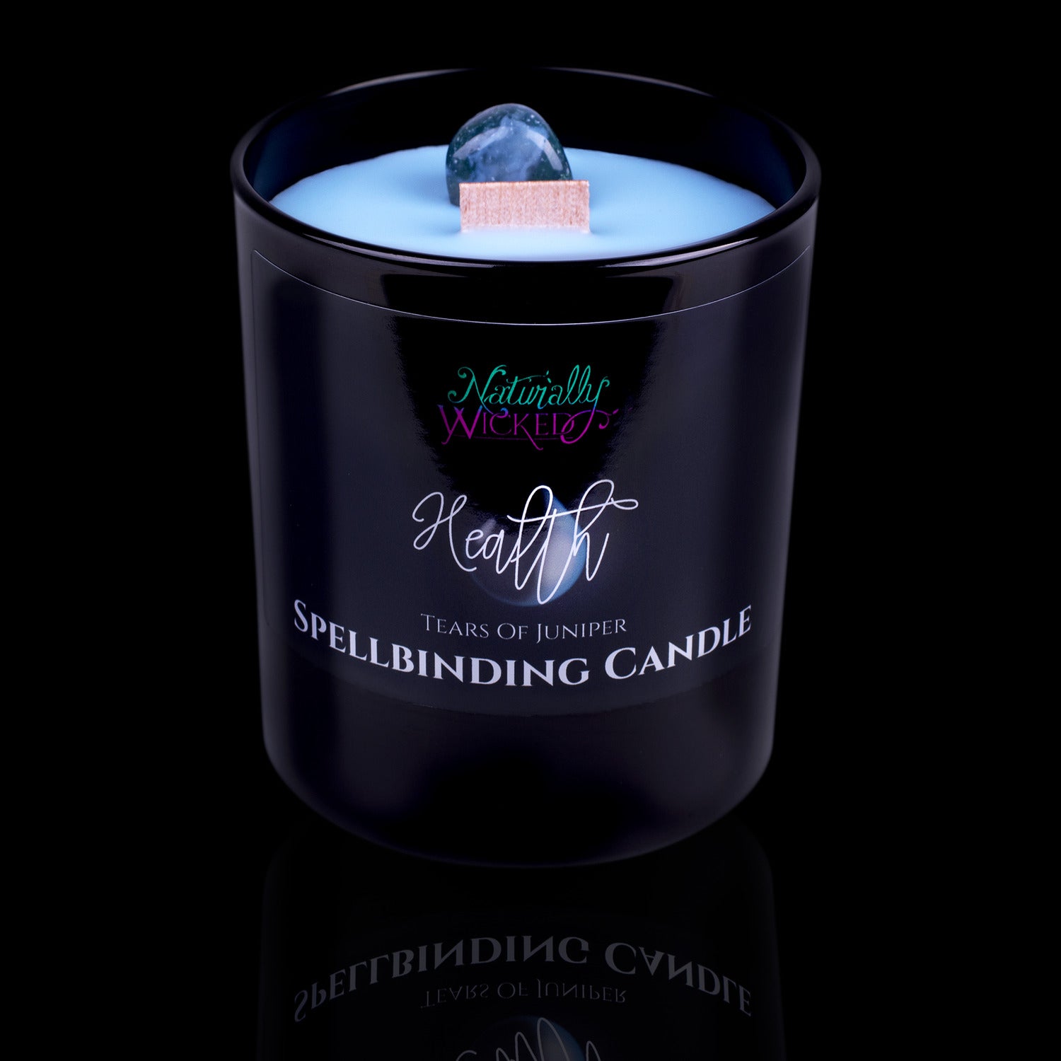 Give The Gift Of Great Health. Naturally Wicked Spellbinding Health Crystal Candle Entombed In Blue Plant-Based Wax With Crackling Wood Wick & Teal Banded Agate Crystal