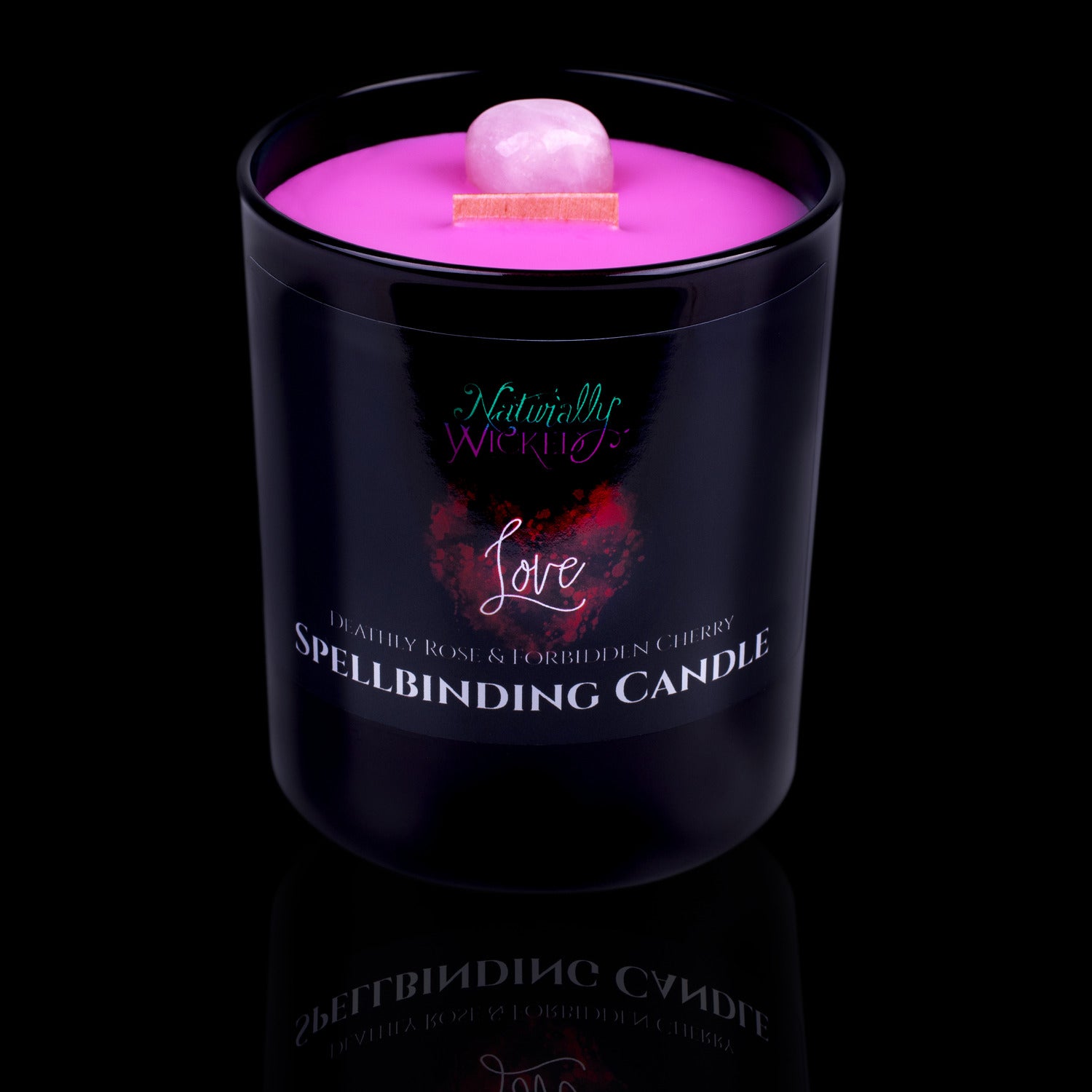 The perfect Gift Of Love. Naturally Wicked Spellbinding Love Crystal Candle Entombed In Pink Plant-Based Wax With Crackling Wood Wick & Rose Quartz Crystal