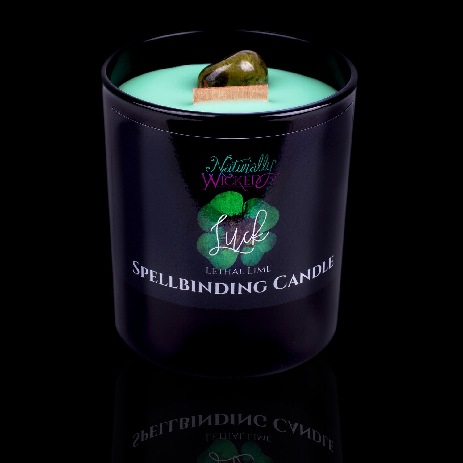 Give The Gift Of Luck With The Naturally Wicked Spellbinding Luck Crystal Candle Entombed In Green Plant-Based Wax With Crackling Wood Wick & Spotted Epidote Crystal