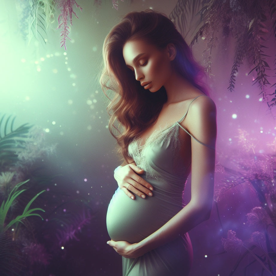 Pregnant Naturally Beautiful Slim Mum Caressing Pretty Baby Bump In Natural Forest Surrounded By Magical Purple & Green Light