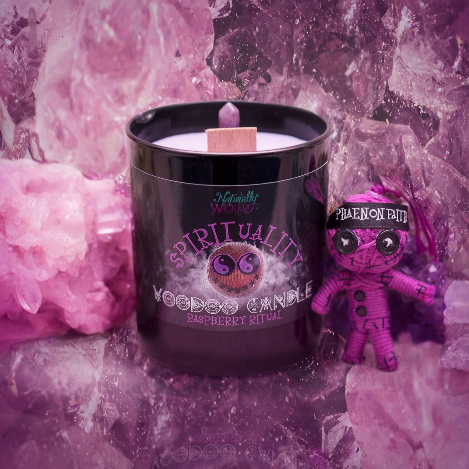 Naturally Wicked Spirituality Candle Entombed With Crystal Wand & Crackling Wood Wick Beside Purple Spirituality Voodoo Doll