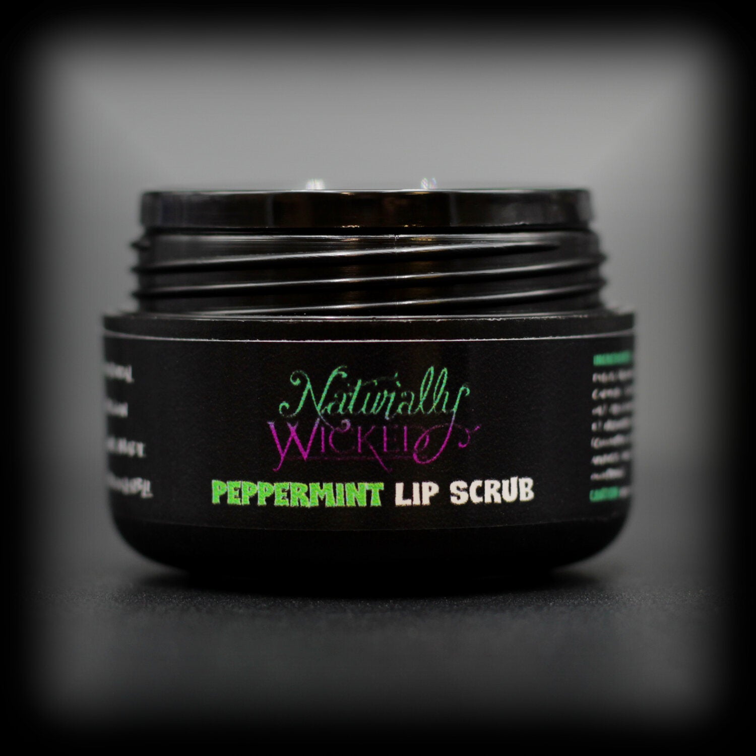 Naturally Wicked Peppermint Lip Scrub In Luxury Container With Lid Removed & Seal/Shive Visible