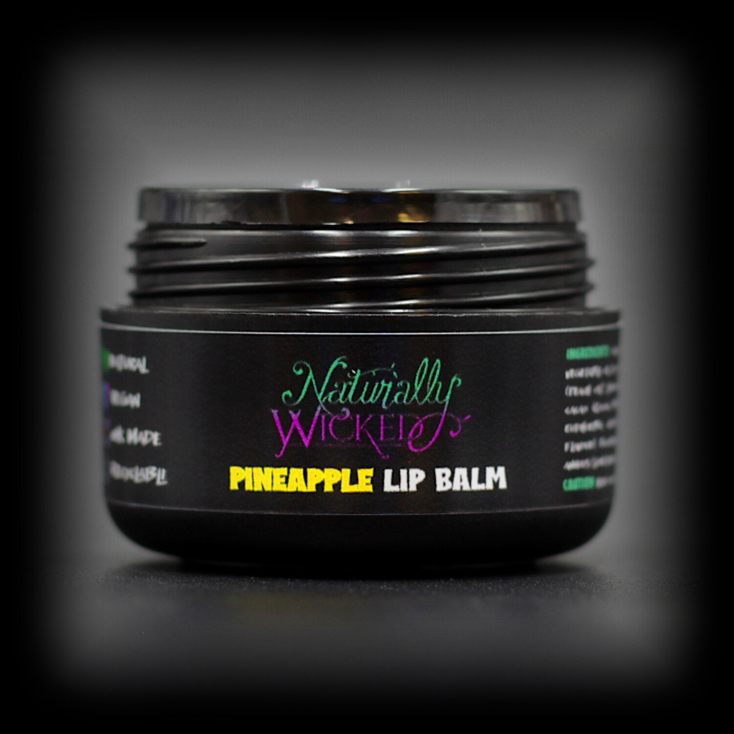 Naturally Wicked Lip Conditioning Pineapple Lip Balm With Lid Removed & Inner Luxury Seal Exposed