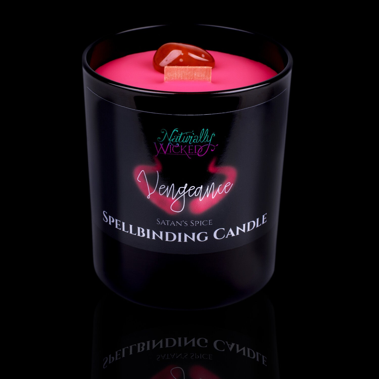 A Gift From Satan. Naturally Wicked Spellbinding Vengeance Crystal Candle Entombed In Rich Red Plant-Based Wax With Crackling Wood Wick & Carnelian Crystal