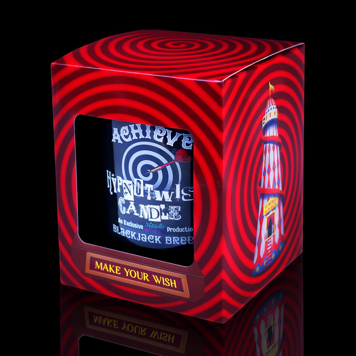 Side View Of The Naturally Wicked Hypnotwist Achieve Candle, Plant-based Soy Black Wax Scented With Blackjack Breeze, Including A Zebra Jasper Crystal Spinning Top, Mirrored Lid & Red Circus Hypnotic Gift Box