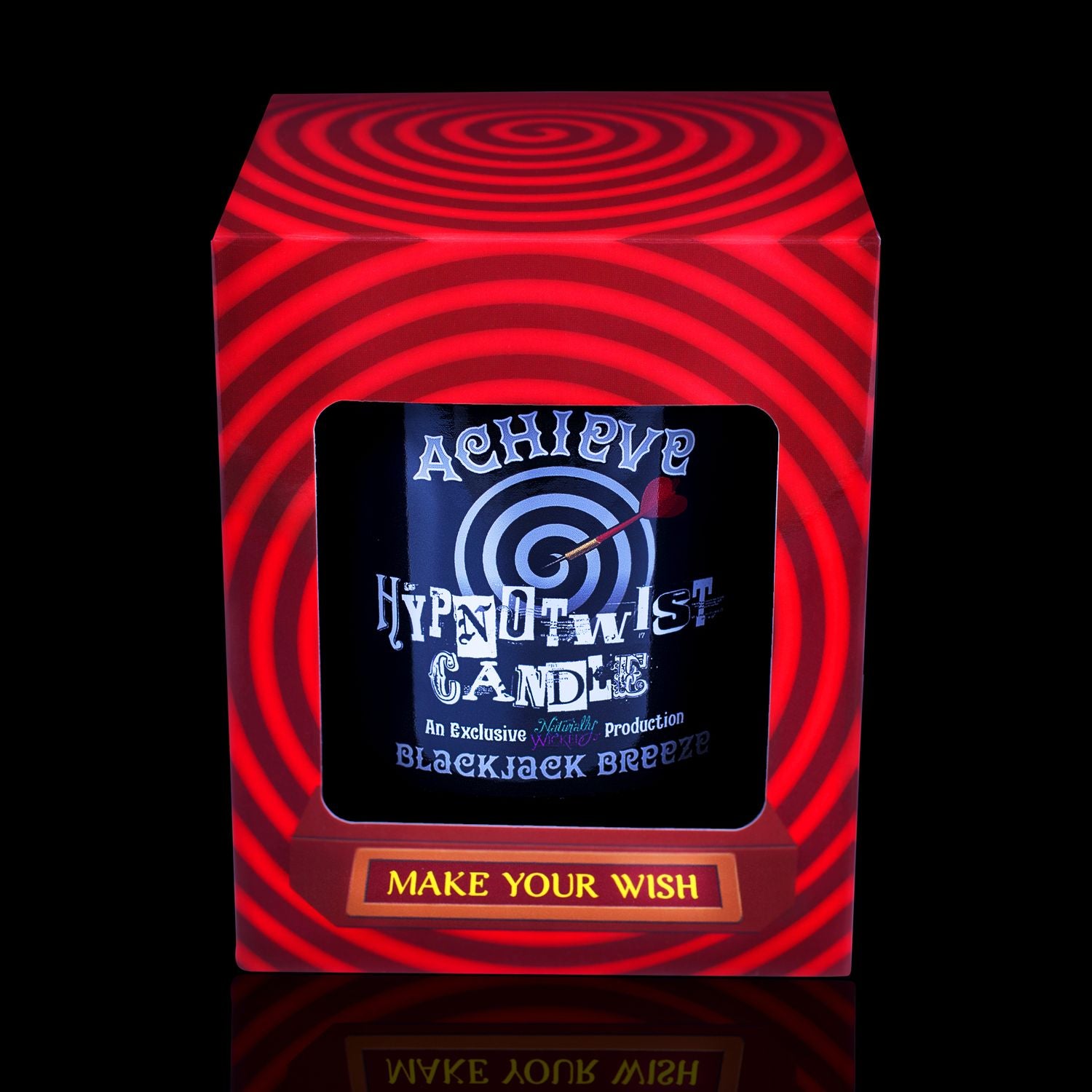 Make Your Wish With The Naturally Wicked Hypnotwist Achieve Candle, Plant-based Soy Black Wax Scented With Blackjack Breeze, Including A Zebra Jasper Crystal Spinning Top, Mirrored Lid & Red Circus Hypnotic Gift Box
