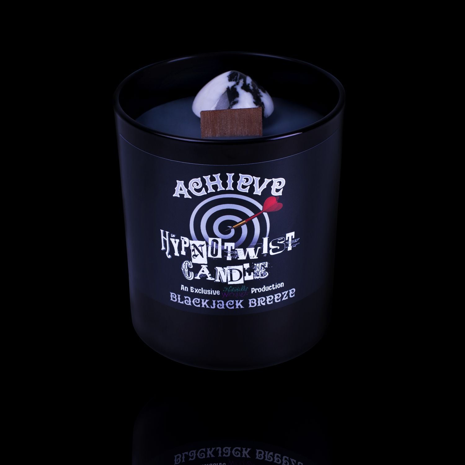 Naturally Wicked Hypnotwist Achieve Candle Featuring Plant-based Soy Black Wax scented with Blackjack Breeze & Includes A Zebra Jasper Crystal Spinning Top.