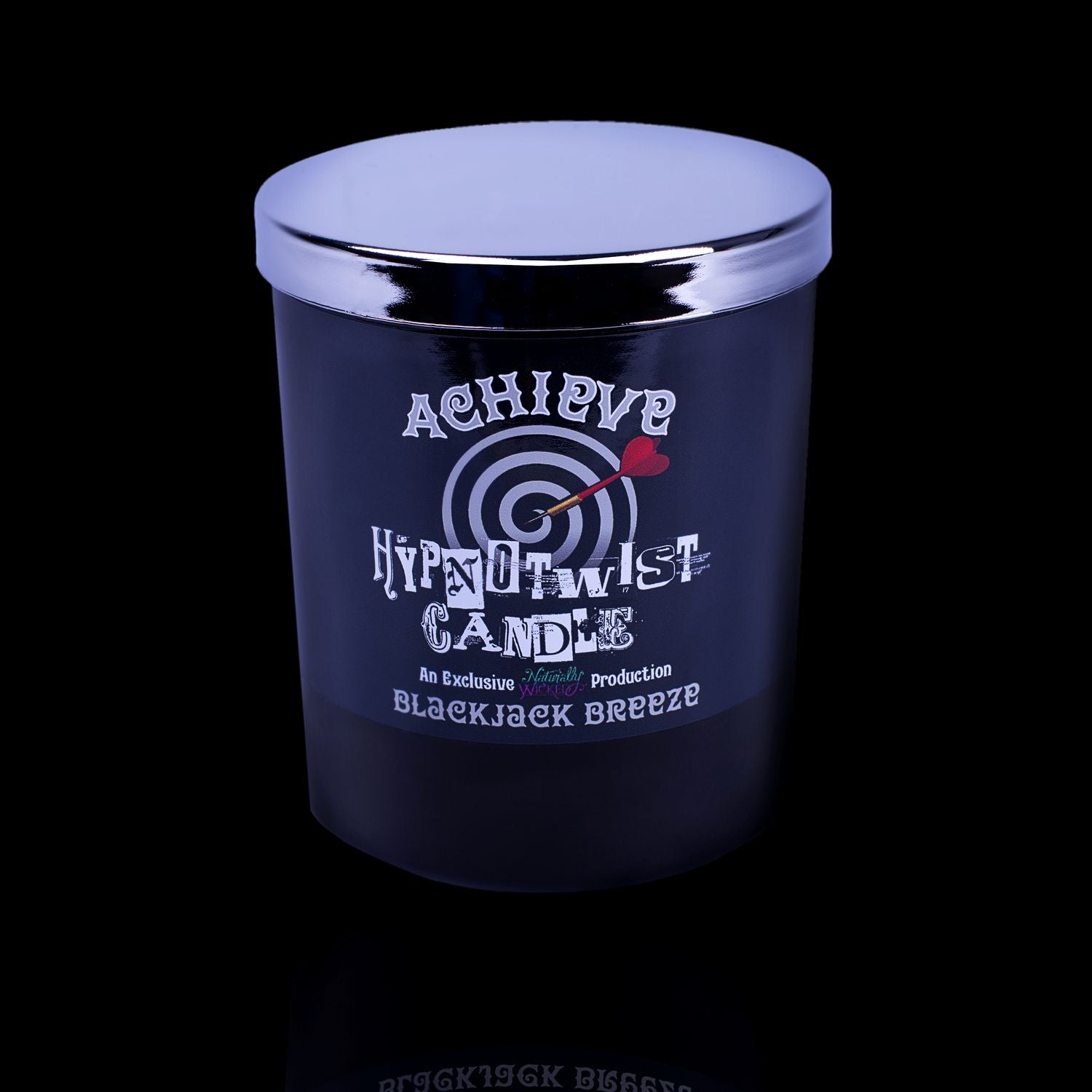 Achieve The Impossible With The Naturally Wicked Hypnotwist Achieve Candle Featuring Plant-based Soy Black Wax scented with Blackjack Breeze & Includes A Zebra Jasper Crystal Spinning Top & Mirrored Lid