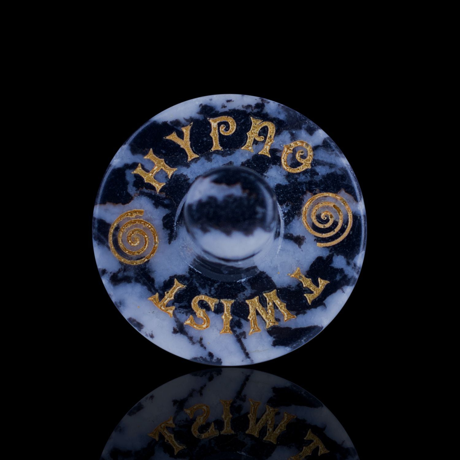 Front View Of The Naturally Wicked Exclusive Hypnotwister. A Zebra Jasper Crystal Spinning Top Engraved With Hypno Twist 