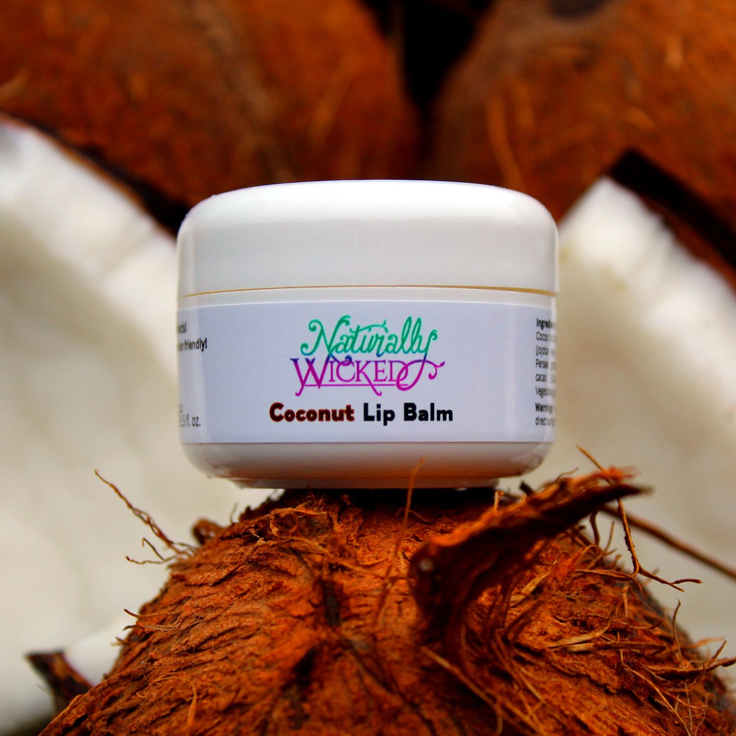 Naturally Wicked Coconut Lip Balm Sat On Top Of Brown Coconut Shell Between Broken White Inner Coconuts