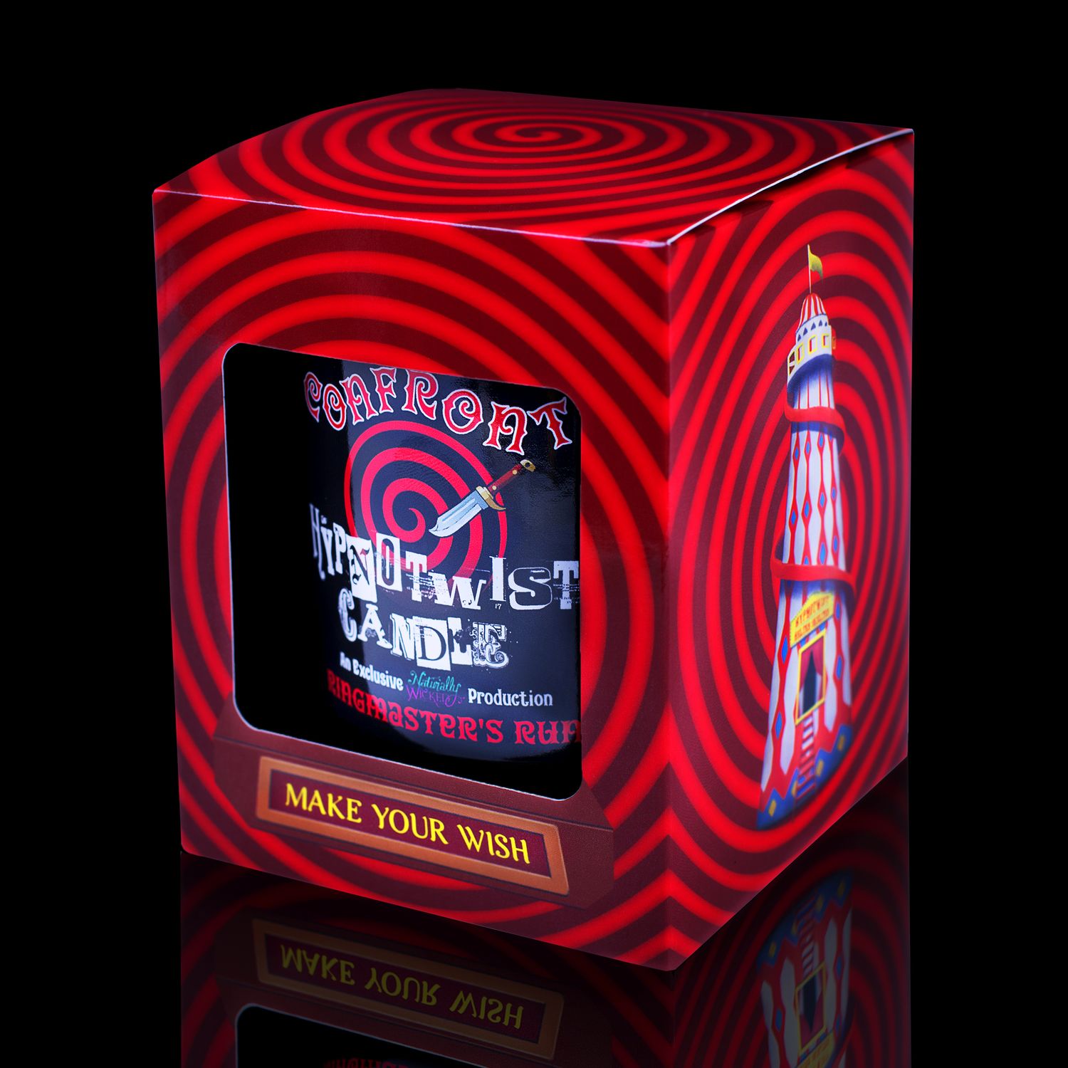 Side View Of The Naturally Wicked Hypnotwist Confront Candle, Plant-based Soy Red Wax Scented With Ringmaster's Rum, Including A Zebra Red Crystal Spinning Top, Mirrored Lid & Red Circus Hypnotic Gift Box
