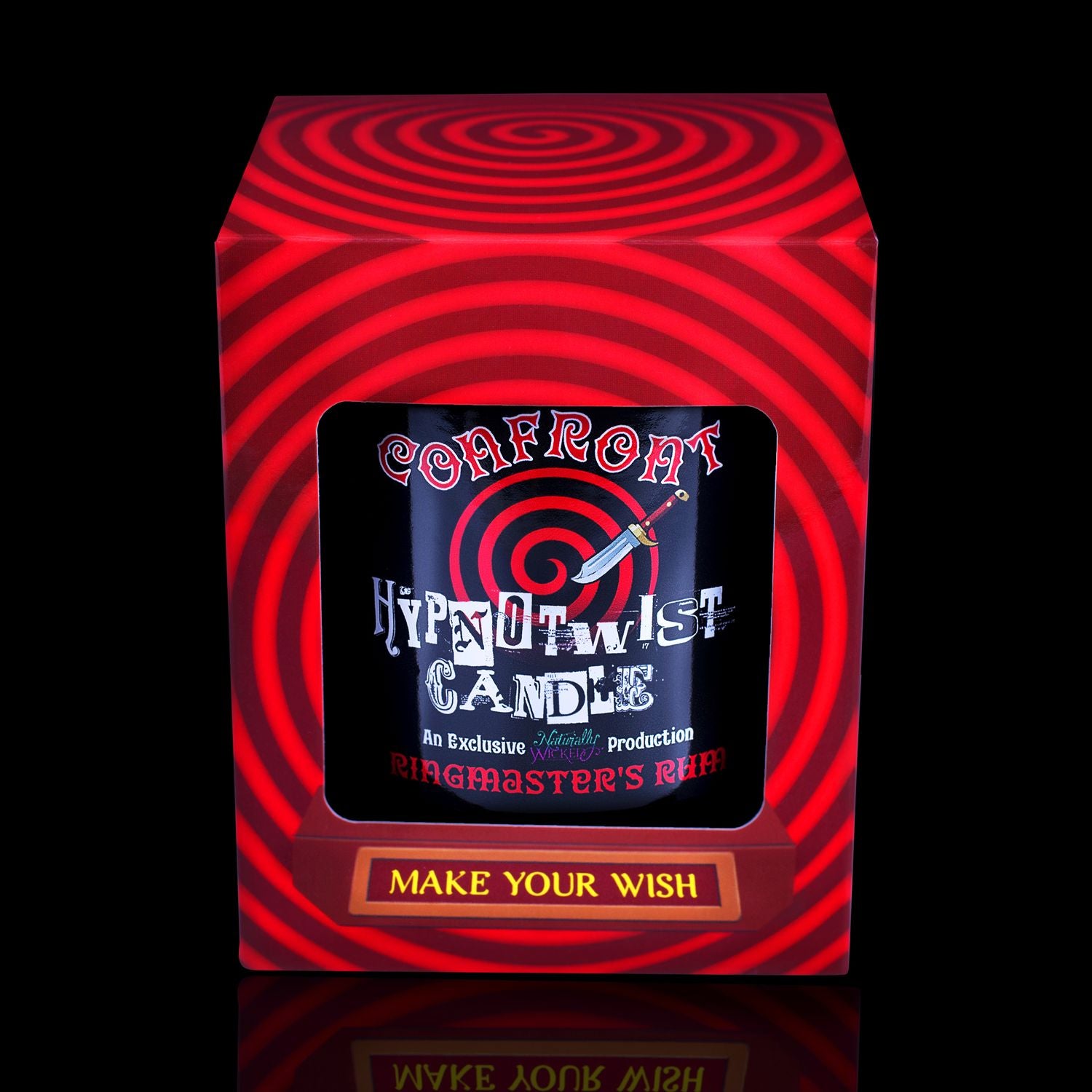 Make Your Wish With The Naturally Wicked Hypnotwist Confront Candle, Plant-based Soy Red Wax Scented With Ringmaster's Rum, Including A Red Jasper Crystal Spinning Top, Mirrored Lid & Red Circus Hypnotic Gift Box