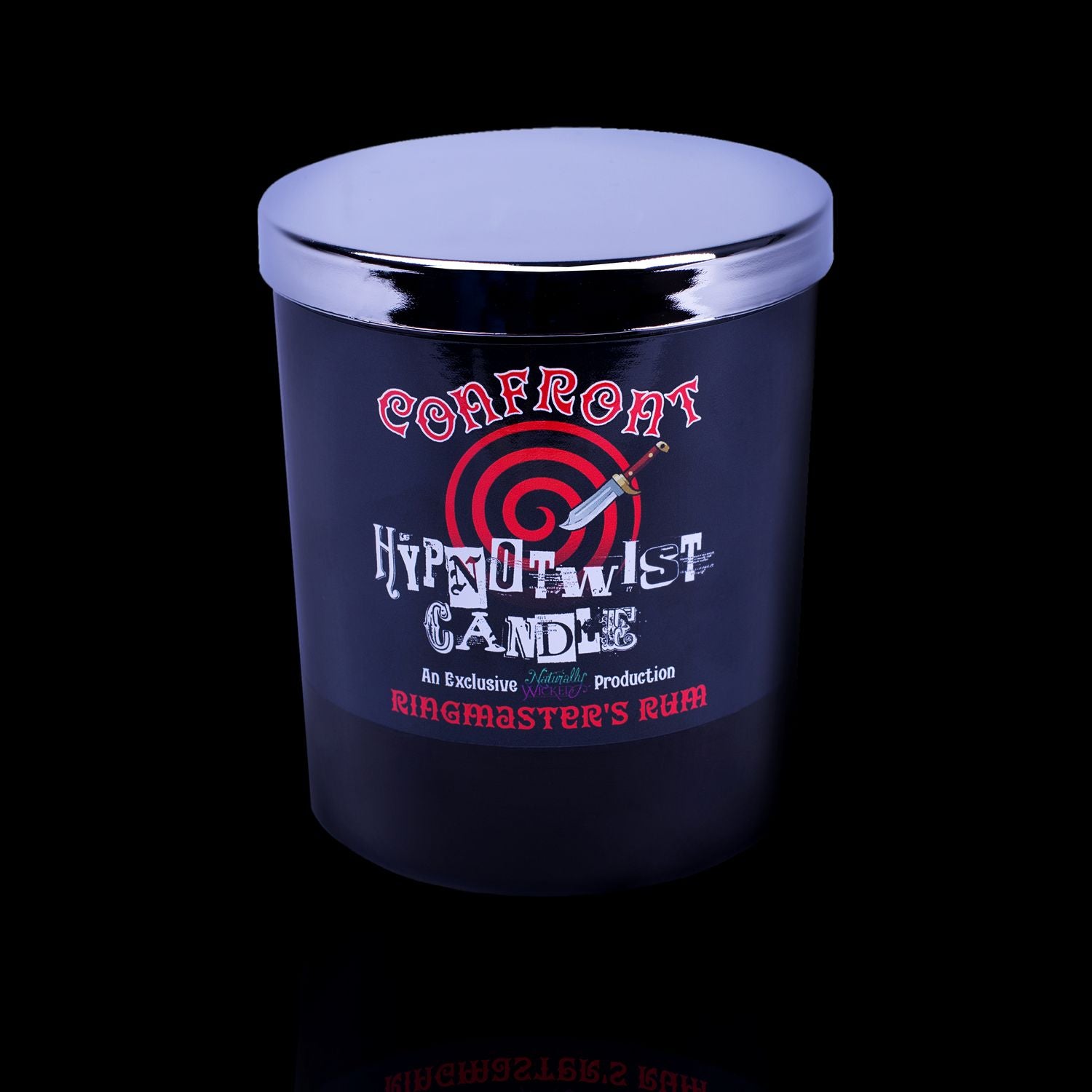 Confront Your Fears With The Naturally Wicked Hypnotwist Confront Candle Featuring Plant-based Soy Red Wax Scented With Ringmaster's Rum & Includes A Red Jasper Crystal Spinning Top & Mirrored Lid