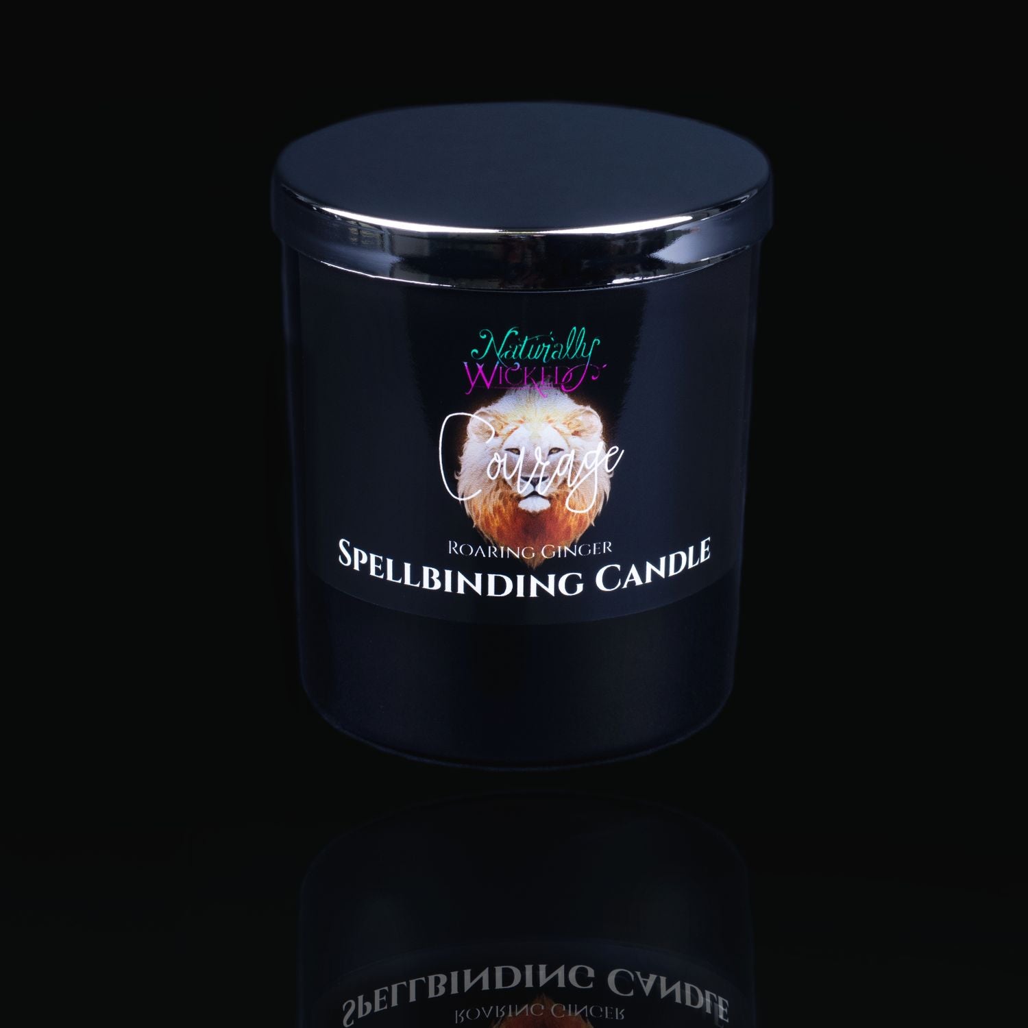 The Perfect Gift Of Courage. Naturally Wicked Spellbinding Courage Spell Candle With Mirror Finished Exquisite Lid In Place. Featuring A Black Gloss Label And A Roaring Ginger Lion 