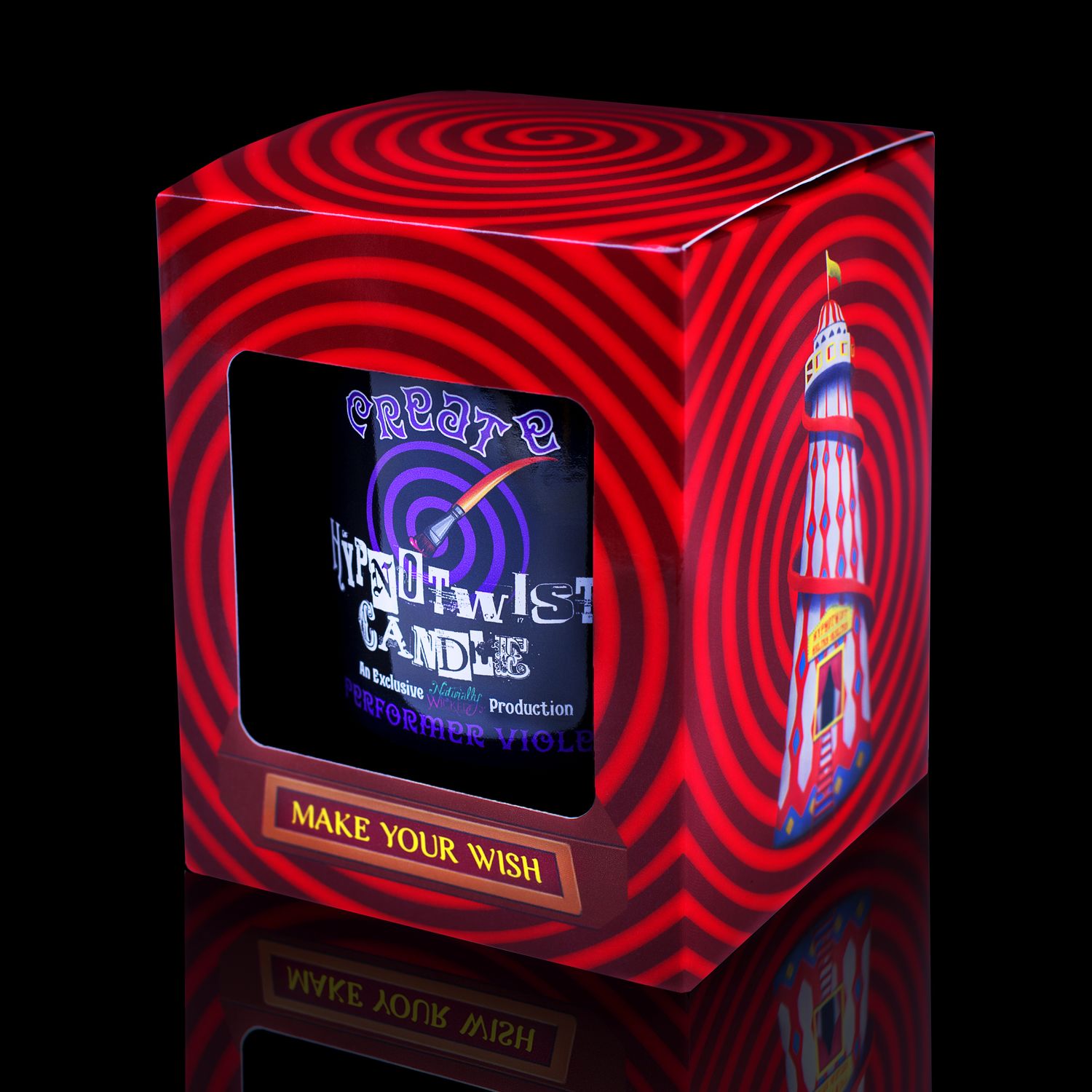 Side View Of The Naturally Wicked Hypnotwist Create Candle, Plant-based Soy Purple Wax Scented With Performer Violet, Including A Lepidolite Crystal Spinning Top, Mirrored Lid & Red Circus Hypnotic Gift Box