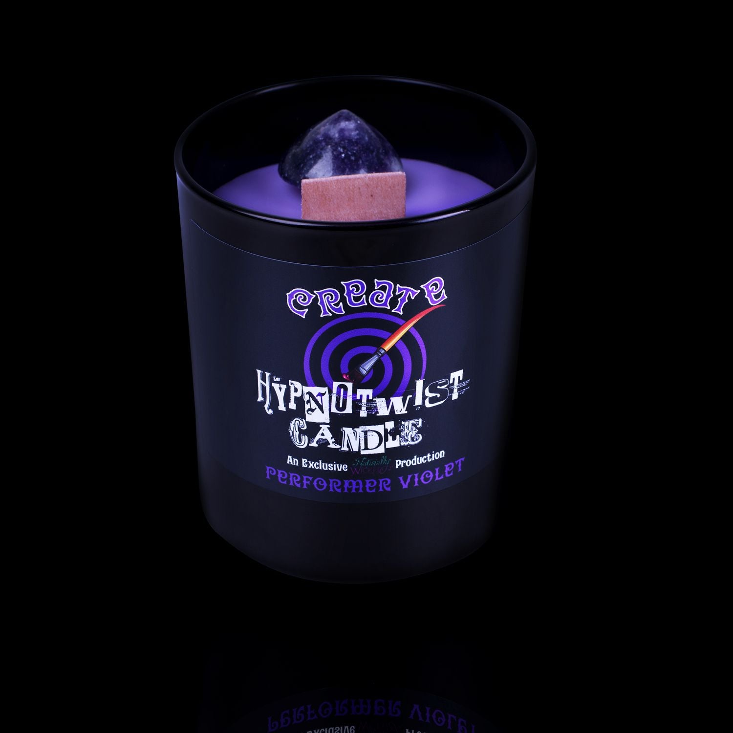 Naturally Wicked Hypnotwist Create Candle Featuring Plant-based Soy Purple Wax Scented with Performer Violet & Includes A Lepidolite Crystal Spinning Top.