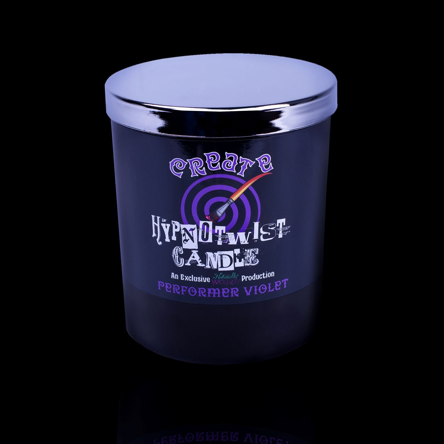 Create Your Own World With The Naturally Wicked Hypnotwist Create Candle Featuring Plant-based Soy Purple Wax Scented With Performer Violet & Includes A Lepidolite Crystal Spinning Top & Mirrored Lid