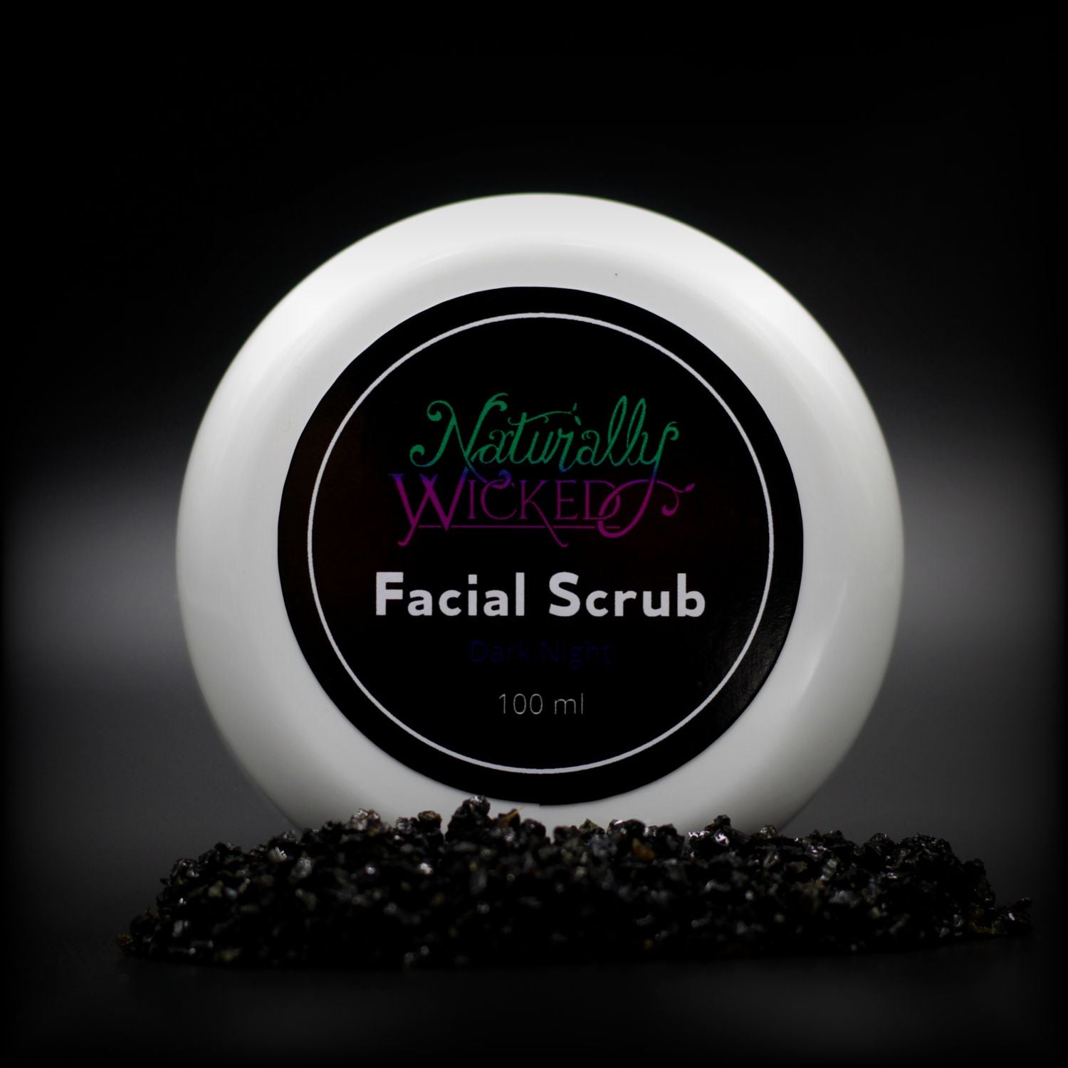Naturally Wicked Dark Night Facial Scrub Lid Surrounded By Exfoliating Activated Charcoal