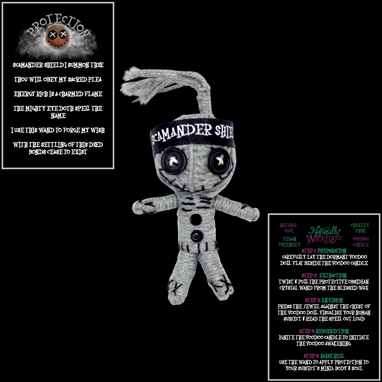 Naturally Wicked Black Voodoo Doll Scamander Shield Featured With Protection Spell Cards. The Perfect Gift Of Protection.
