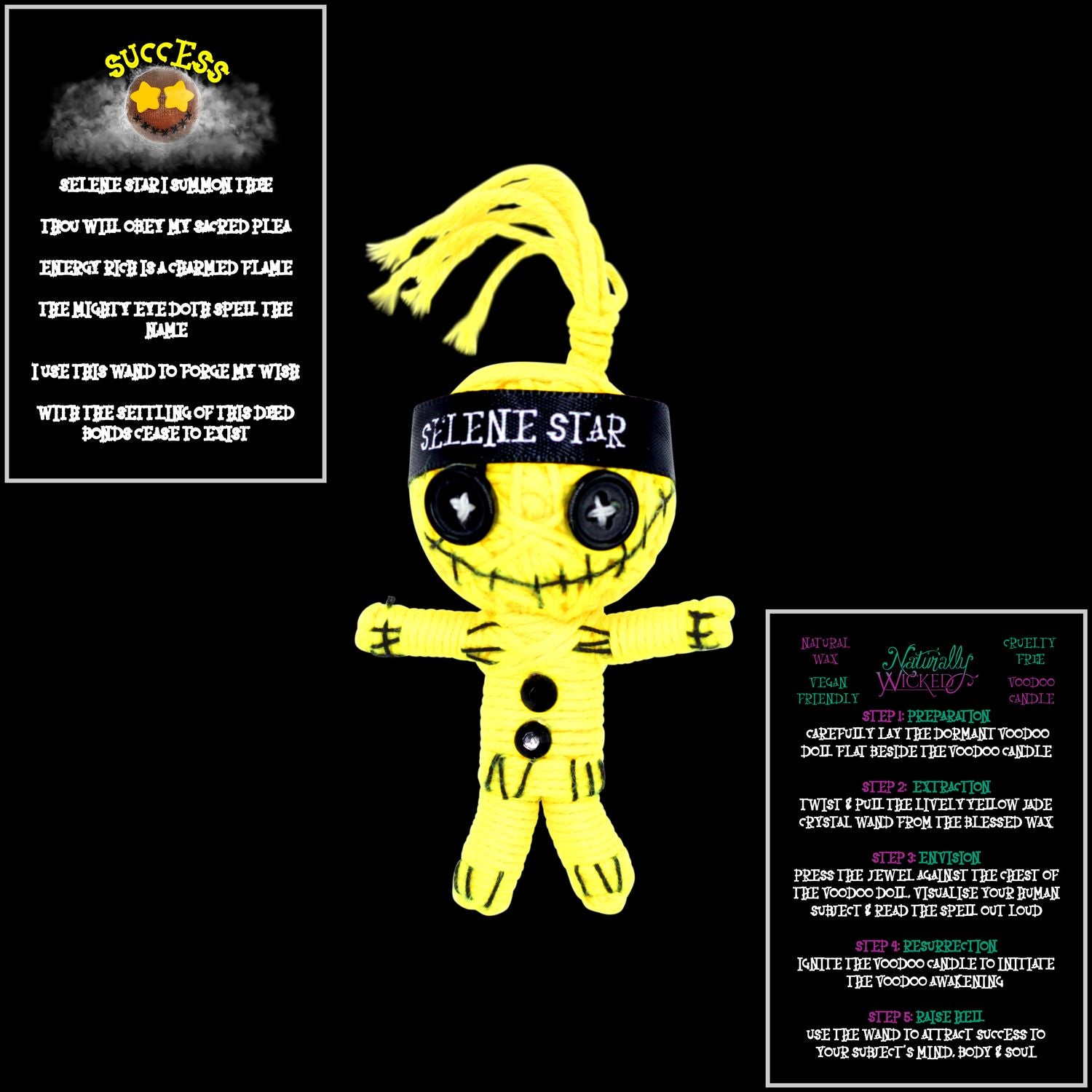  Naturally Wicked Yellow Voodoo Doll Selene Star Featured With Success Spell Cards. The Perfect Gift For Success.