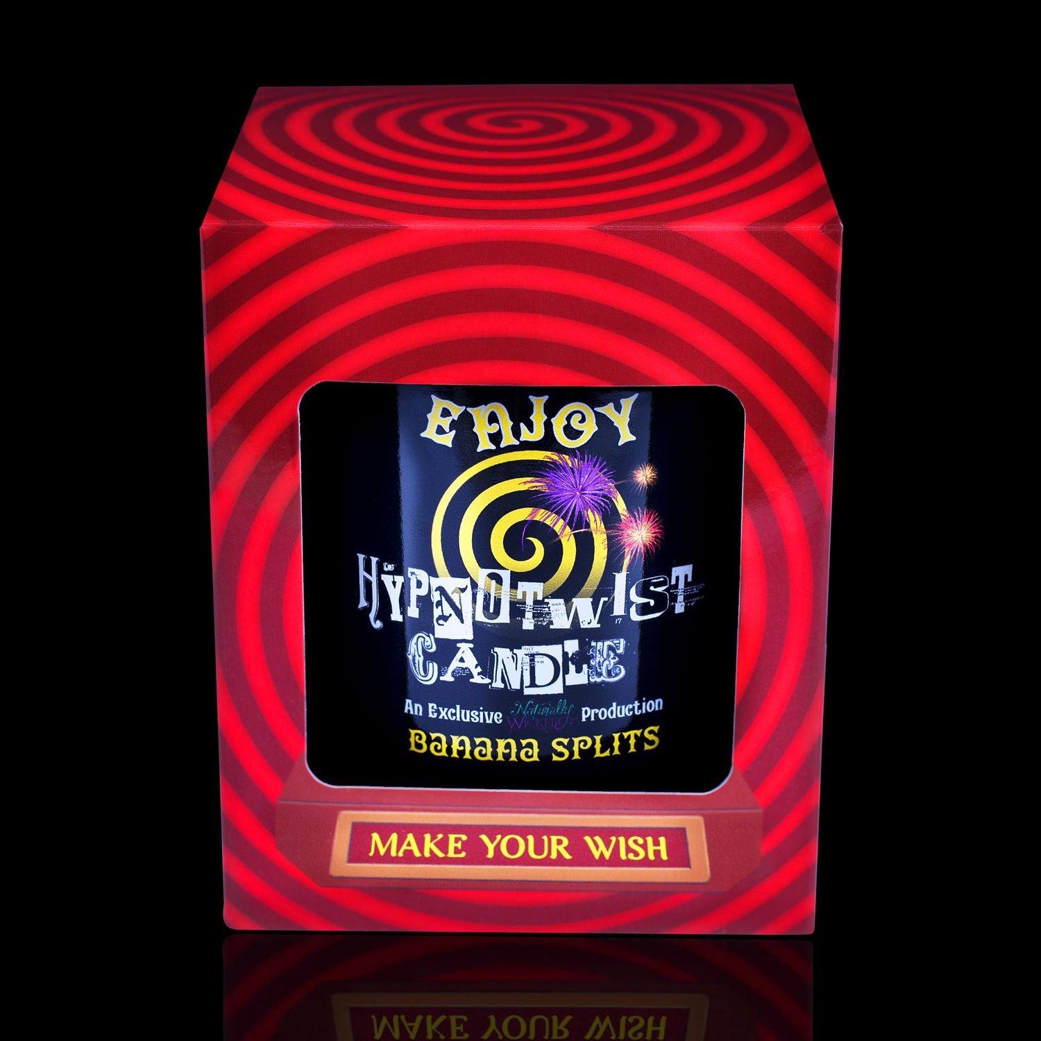 Make Your Wish With The Naturally Wicked Hypnotwist Enjoy Candle, Plant-based Soy Yellow Wax Scented With Banana Splits, Including A Yellow Jade Crystal Spinning Top, Mirrored Lid & Red Circus Hypnotic Gift Box