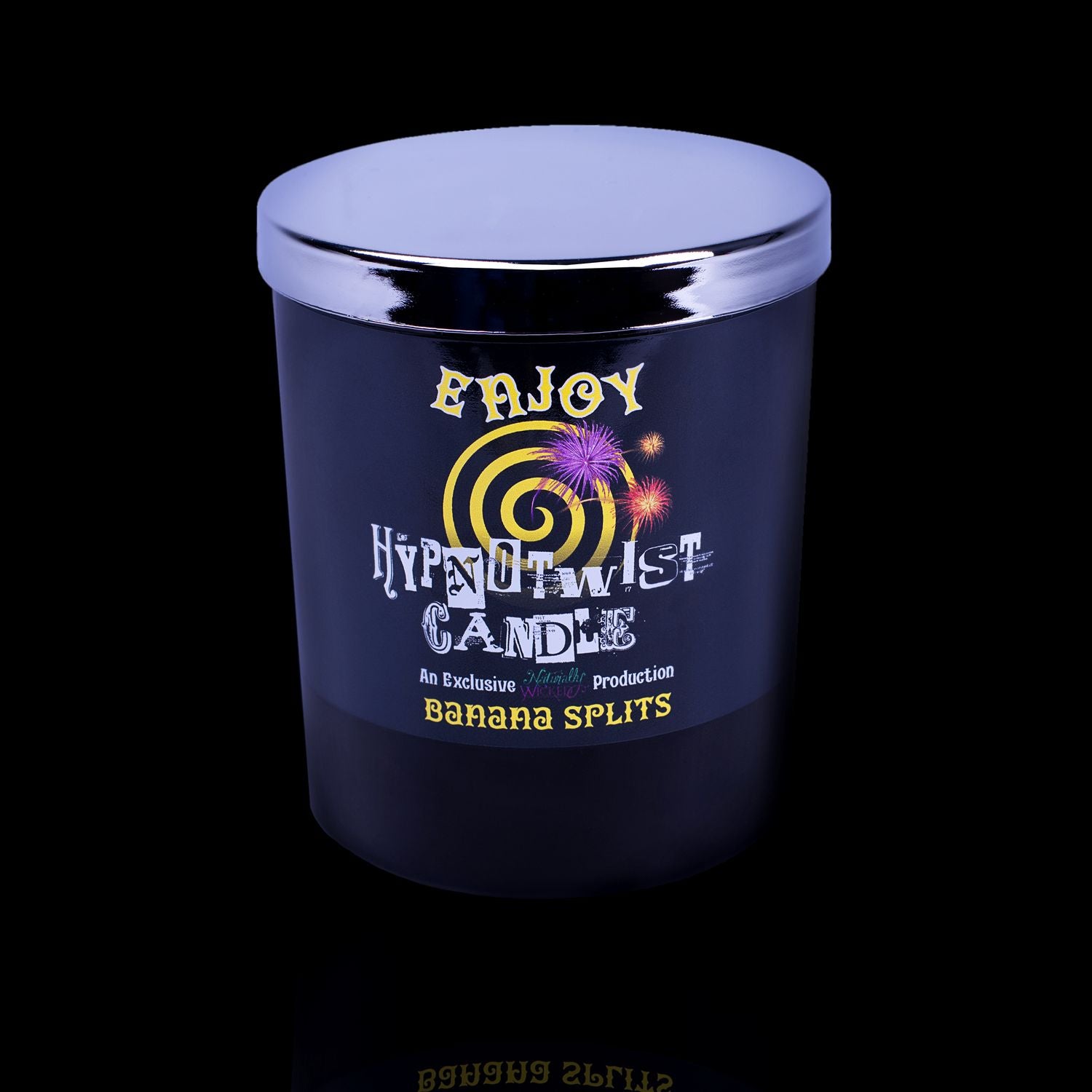 Enjoy Life To The Max With The Naturally Wicked Hypnotwist Enjoy Candle Featuring Plant-based Soy Yellow Wax Scented With Banana Splits & Includes A Yellow Jade Crystal Spinning Top & Mirrored Lid