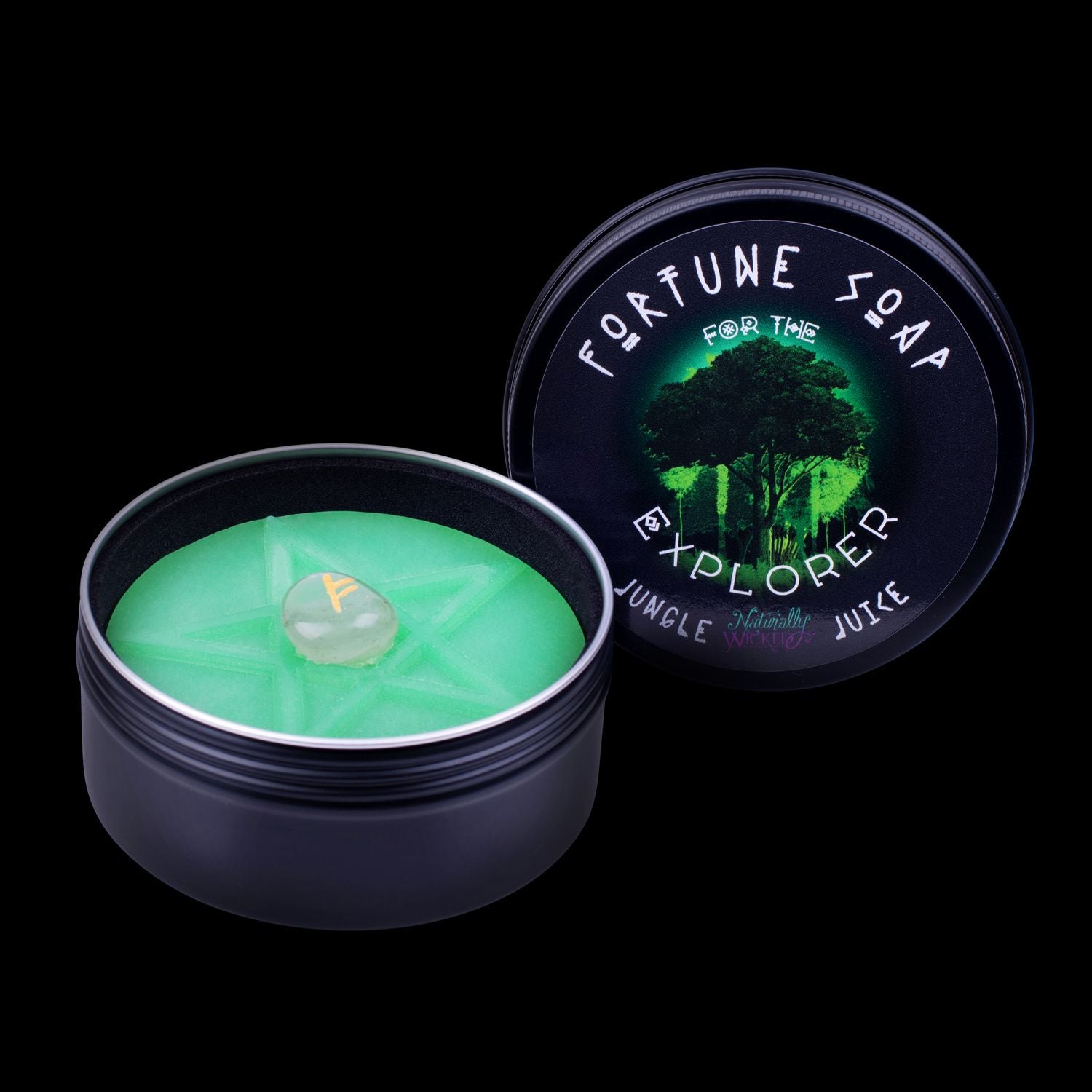 Naturally Wicked Fortune Soap For The Explorer, Green Plant-based Soap, Aventurine Crystal, Jungle Juice Scent & Black Gloss Gift Tin Included.