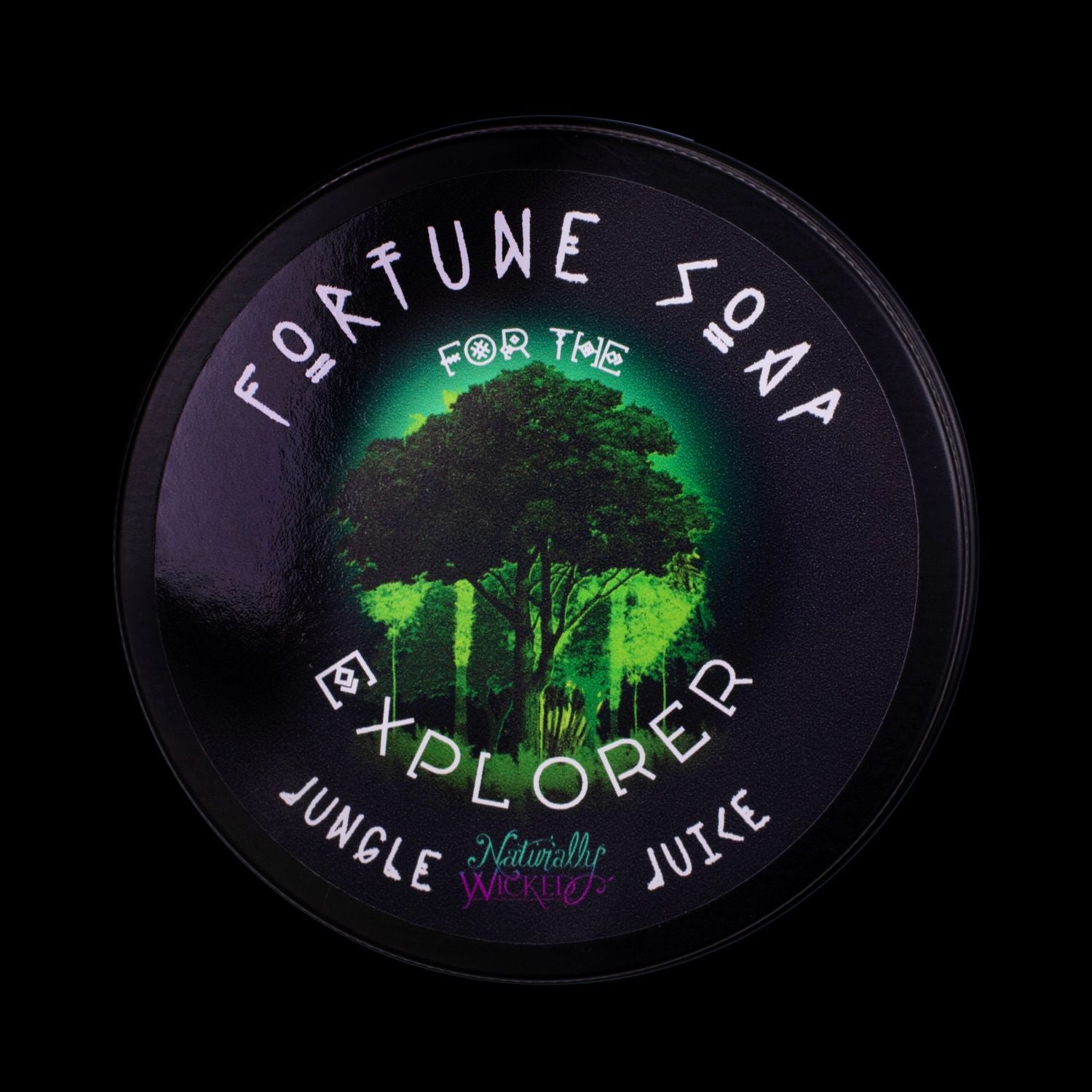 Naturally Wicked Fortune Soap For The Explorer. Green Plant-based Soap With Aventurine Rune Crystal, Scented With Jungle Juice All Situated In A Black Glossy Gift Tin.