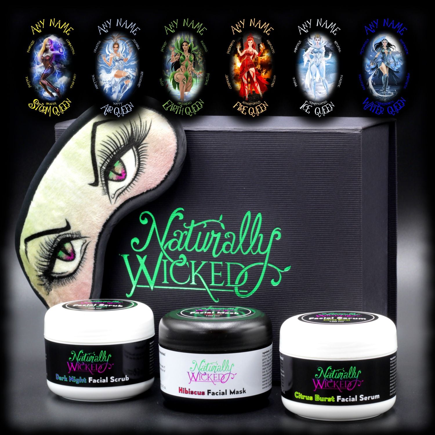 Naturally Wicked Personalised Wicked Queen Facial Kit Perfect Gift For Her With Eye Mask & 3 x Facial Beauty Creams Beside Gift Box
