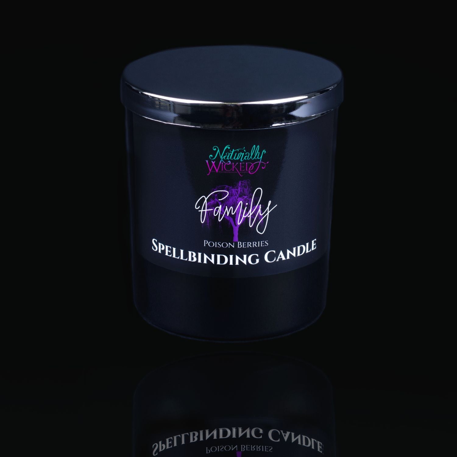 Naturally Wicked Spellbinding Family Spell Candle With Mirror Finished Exquisite Lid In Place. Featuring A Black Gloss Label And A Poison Berries Purple Family Tree. Treat Your Family To The Perfect Gift