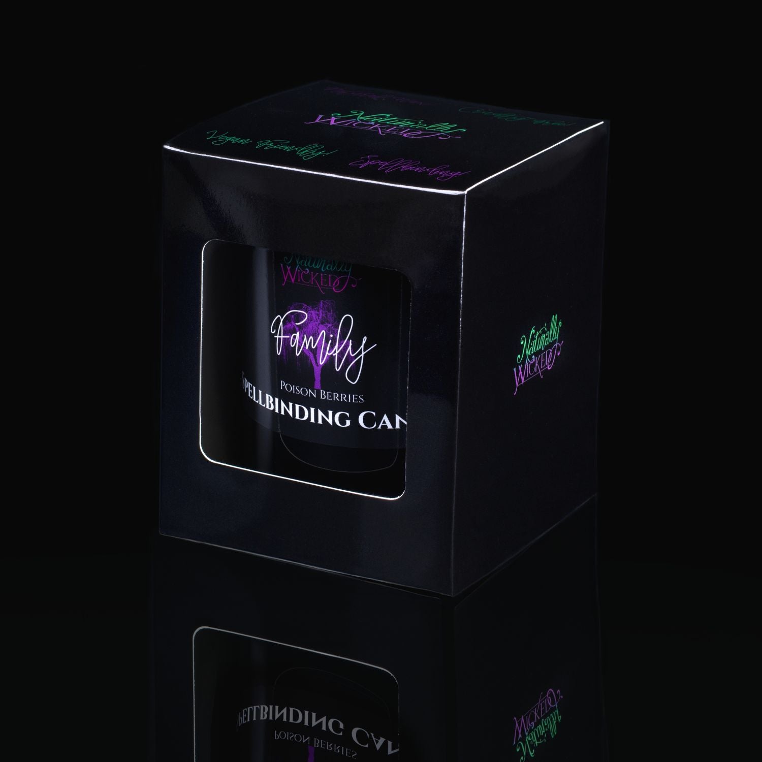 The Perfect Spell Candle To Show The Family How Much You Care. Naturally Wicked Spellbinding Family Candle Displayed In A Sleek Black Gloss Gift Box. The Candle Features Plant-Based Smooth Purple Wax, A Wood Wick And A Beautiful Purple Agate Crystal.