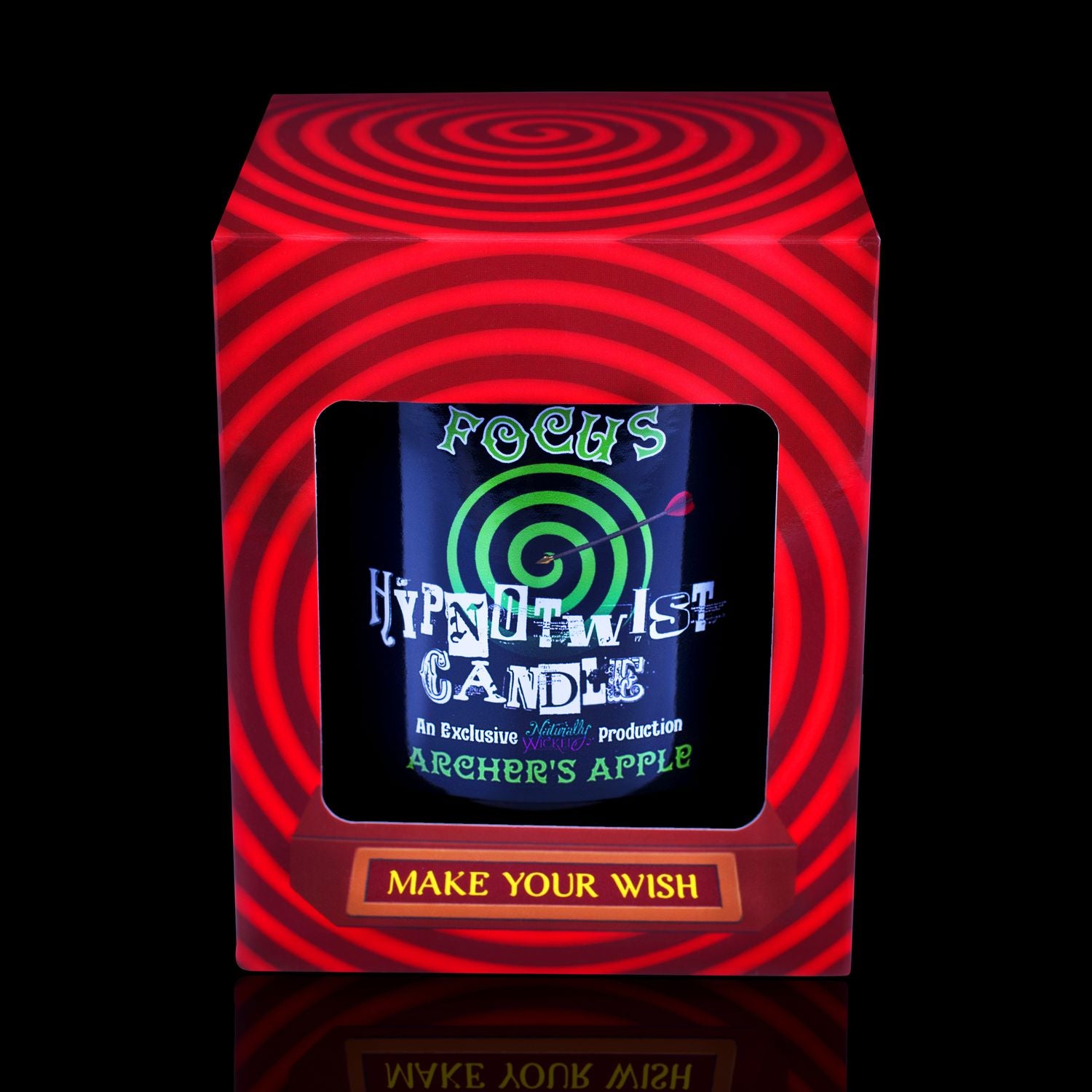 Make Your Wish With The Naturally Wicked Hypnotwist Focus Candle, Plant-based Soy Green Wax Scented With Archer's Apple, Including A Green Aventurine Crystal Spinning Top, Mirrored Lid & Red Circus Hypnotic Gift Box