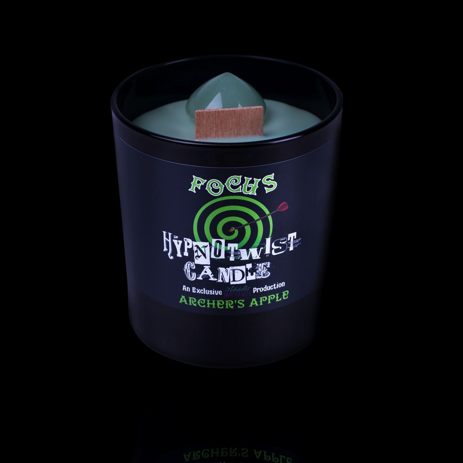 Naturally Wicked Hypnotwist Focus Candle Featuring Plant-based Soy Green Wax Scented with Archer's Apple  & Includes A Green Aventurine Crystal Spinning Top.